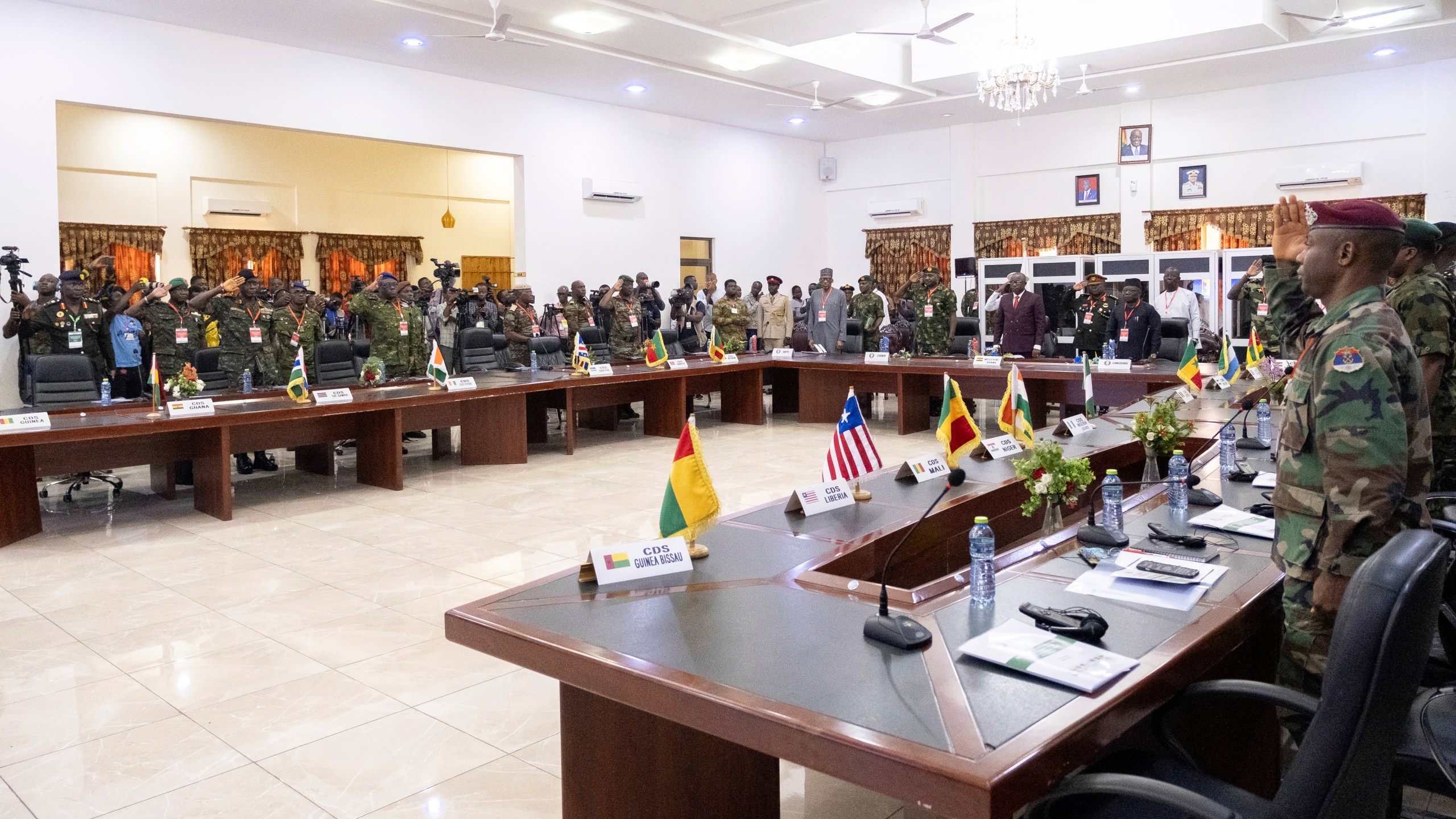 FILE - The defense chiefs from the Economic Community of West African States (ECOWAS) countries excluding Mali, Burkina Faso, Chad, Guinea and Niger, gather for their extraordinary meeting in Accra, Ghana, Thursday, Aug. 17, 2023, to discuss the situation in Niger. Three West African nations of Mali, Burkina Faso and Niger have quit the regional economic bloc known as ECOWAS. Their respective juntas said in a joint statement on Sunday, Jan. 28, 2024 thatt he bloc has imposed “inhumane” sanctions to reverse the coups in their nations and has also “moved away from the ideals of its founding fathers and Pan-Africanism” after nearly 50 years of its establishment. (AP Photo/Richard Eshun Nanaresh, File)