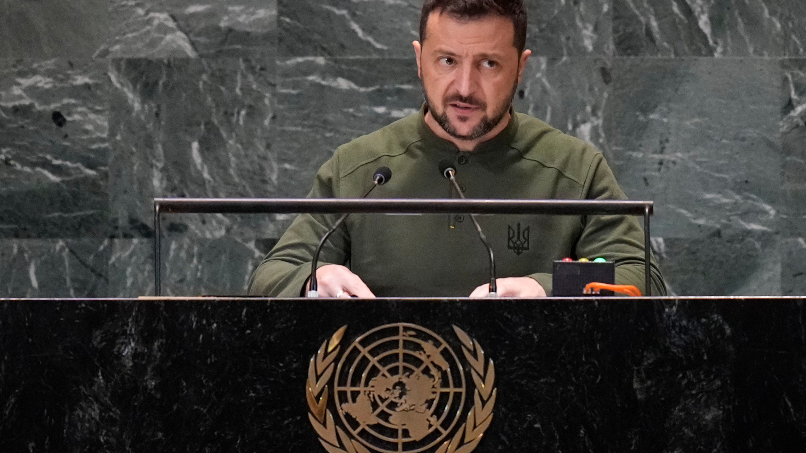 Ukraine's President Volodymyr Zelenskyy addresses the the Summit of the Future at United Nations headquarters, Monday, Sept. 23, 2024. (AP Photo/Seth Wenig)