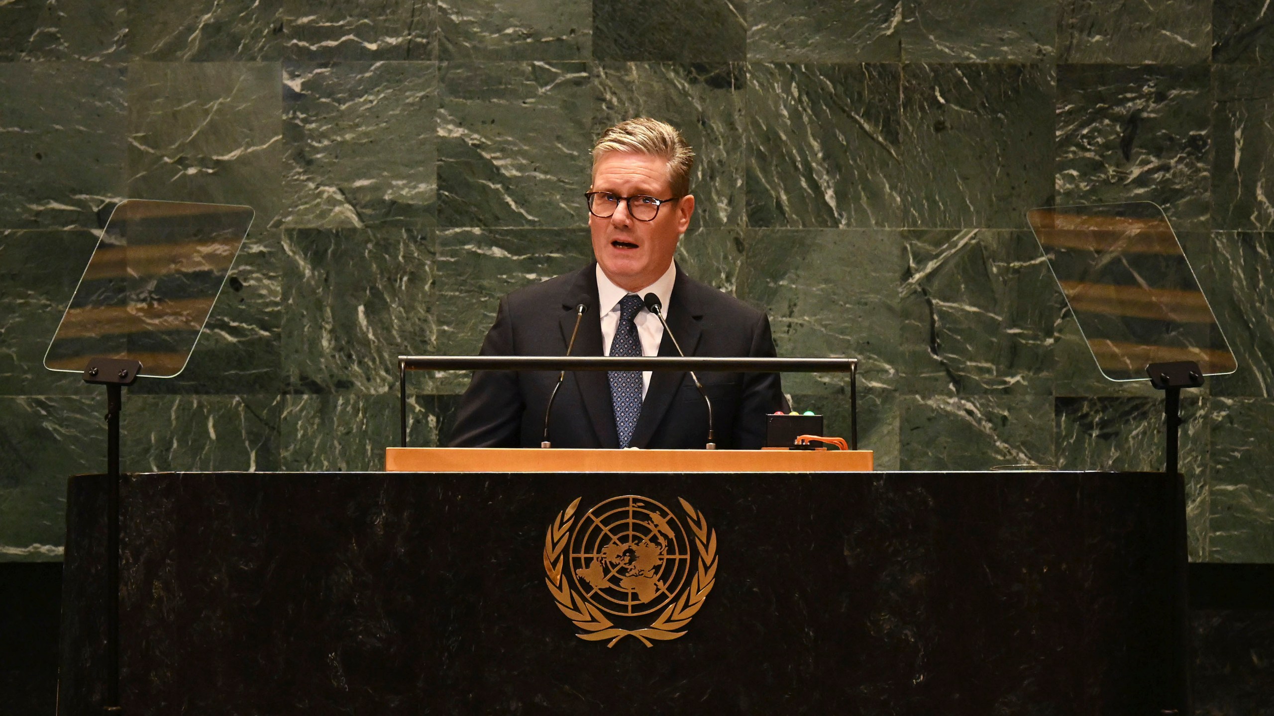 Britain's Prime Minister Keir Starmer addresses the 79th session of the United Nations General Assembly, Thursday, Sept. 26, 2024, at U.N. headquarters. (Leon Neal/Pool Photo via AP)