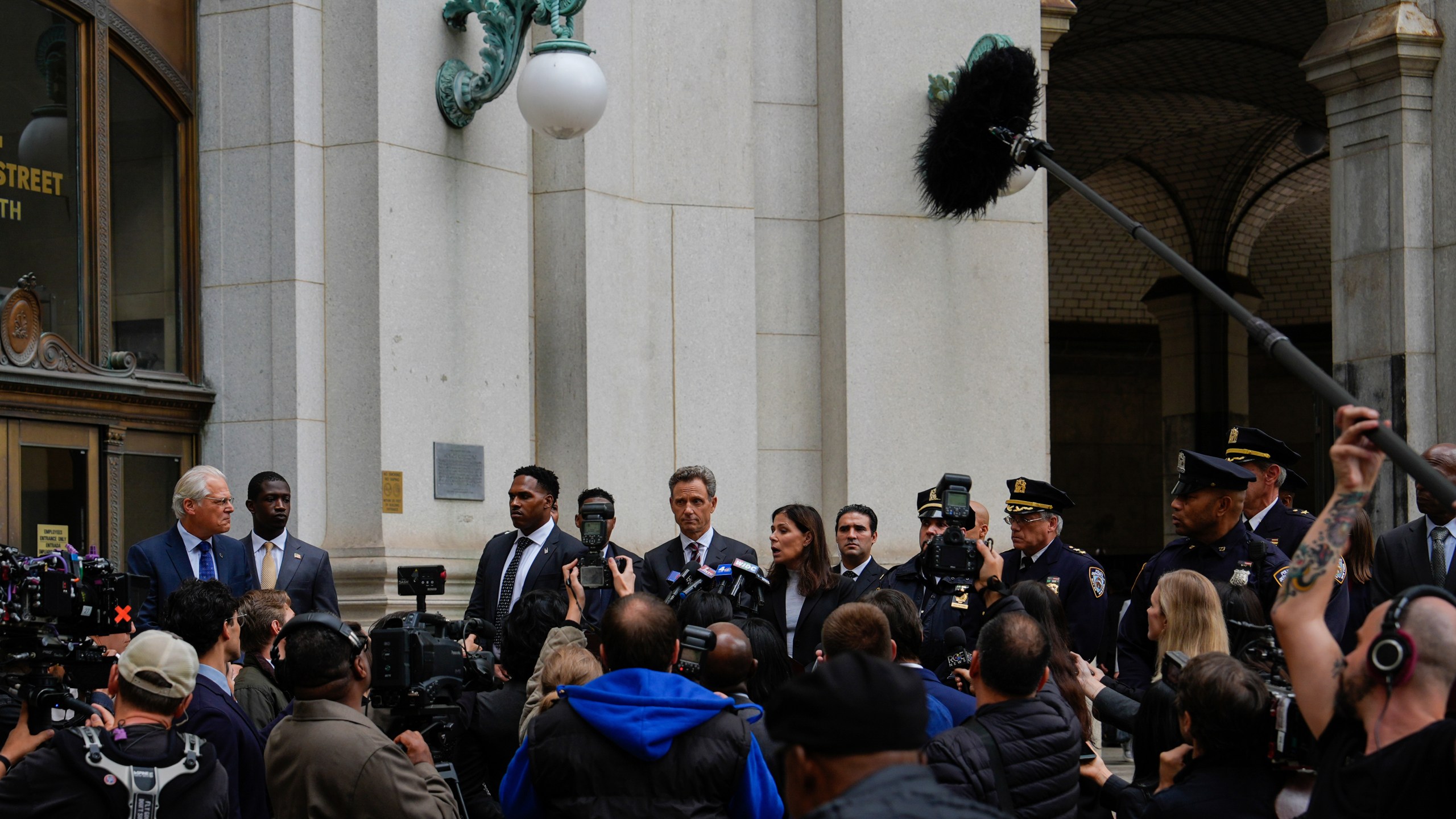 Bruce Altman and Tony Goldwyn film an episode of Law & Order, Friday, Sept. 27, 2024, in New York. (AP Photo/Julia Demaree Nikhinson)