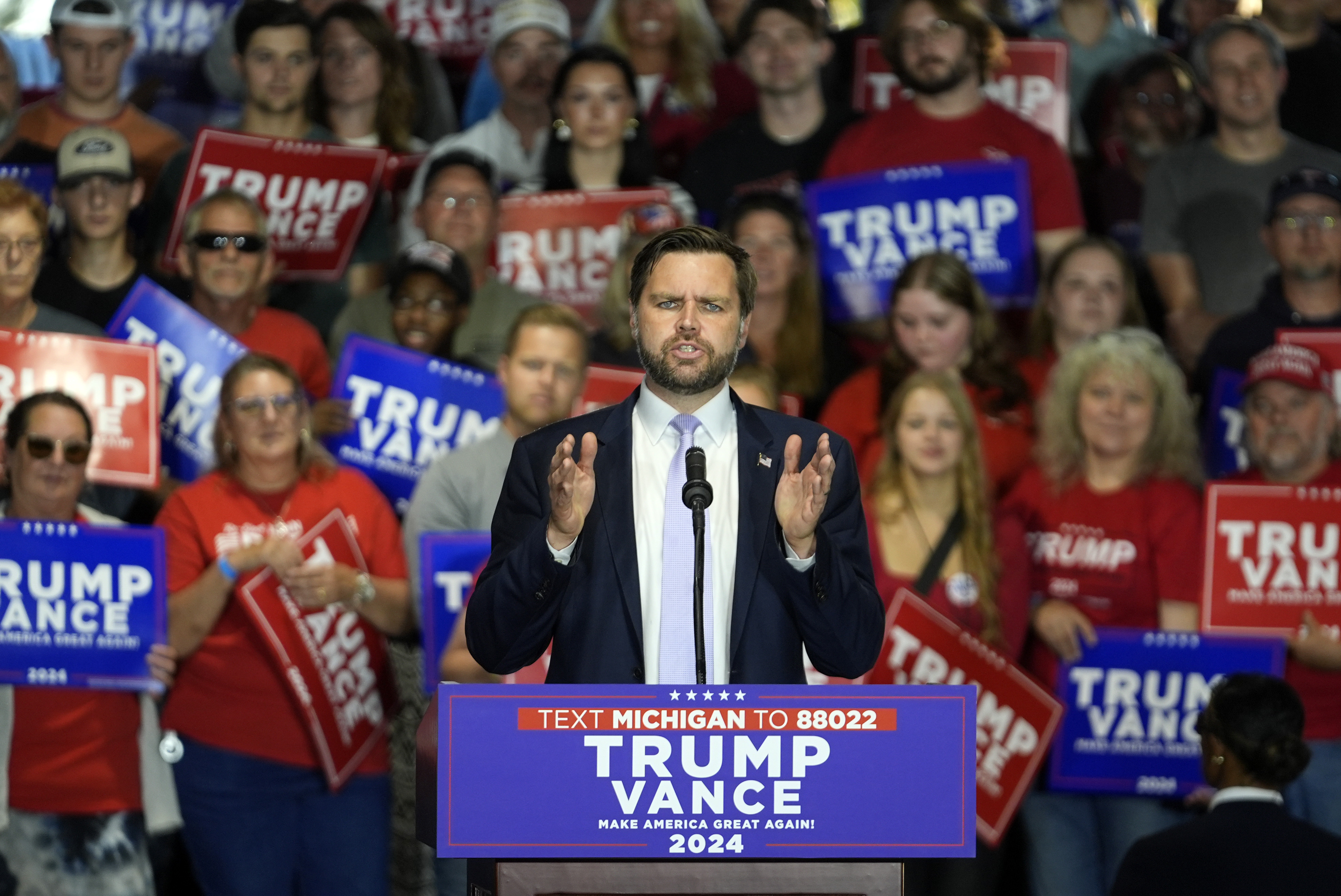 Republican vice presidential nominee Sen. JD Vance, R-Ohio, speaks at a campaign event Wednesday, Sept. 25, 2024, in Traverse City, Mich. (AP Photo/Paul Sancya)