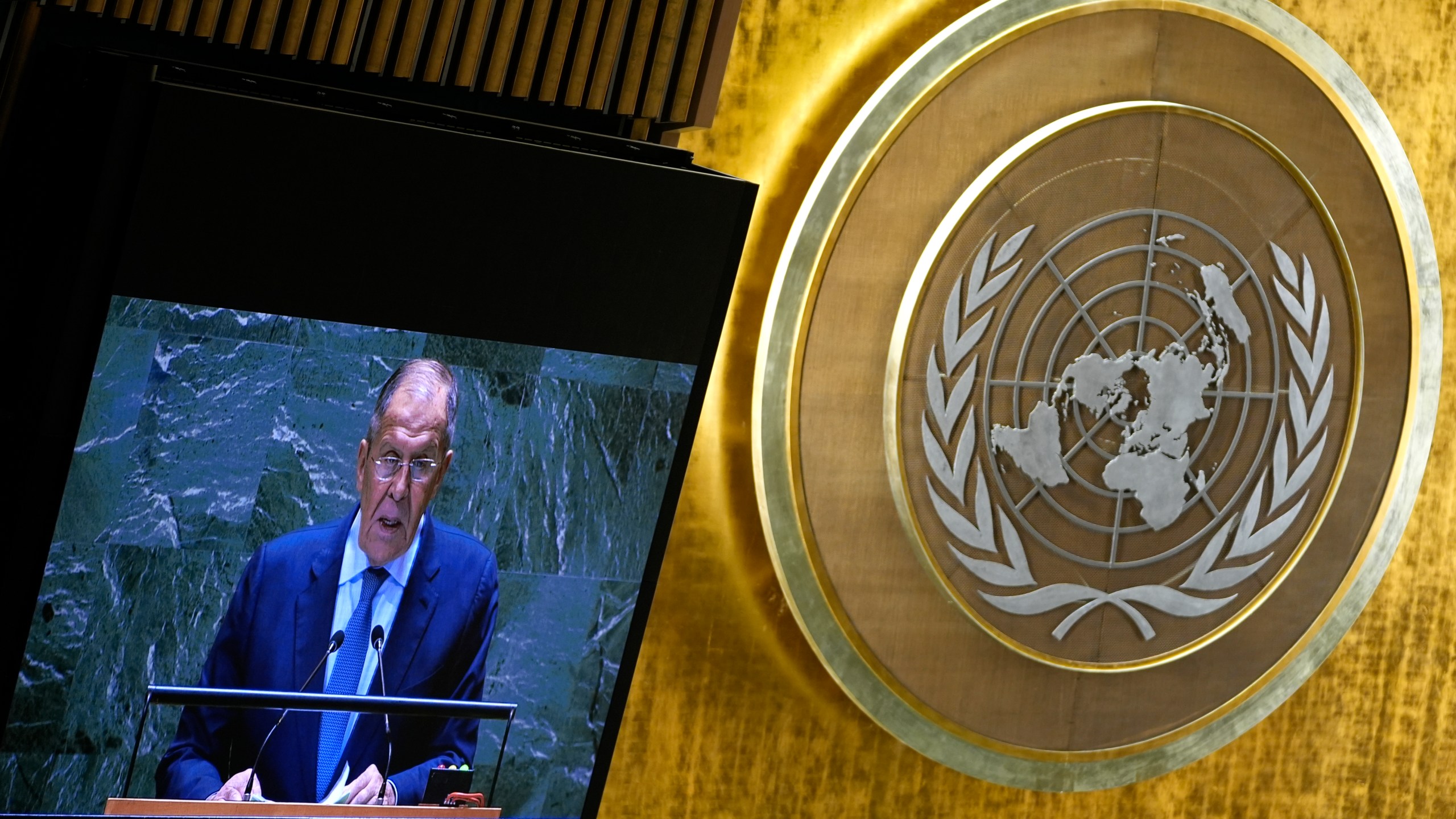 Russia's Minister for Foreign Affairs Sergey Lavrov addresses the 79th session of the United Nations General Assembly, Saturday, Sept. 28, 2024. (AP Photo/Pamela Smith)