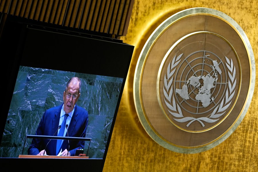 Russia's Minister for Foreign Affairs Sergey Lavrov addresses the 79th session of the United Nations General Assembly, Saturday, Sept. 28, 2024. (AP Photo/Pamela Smith)