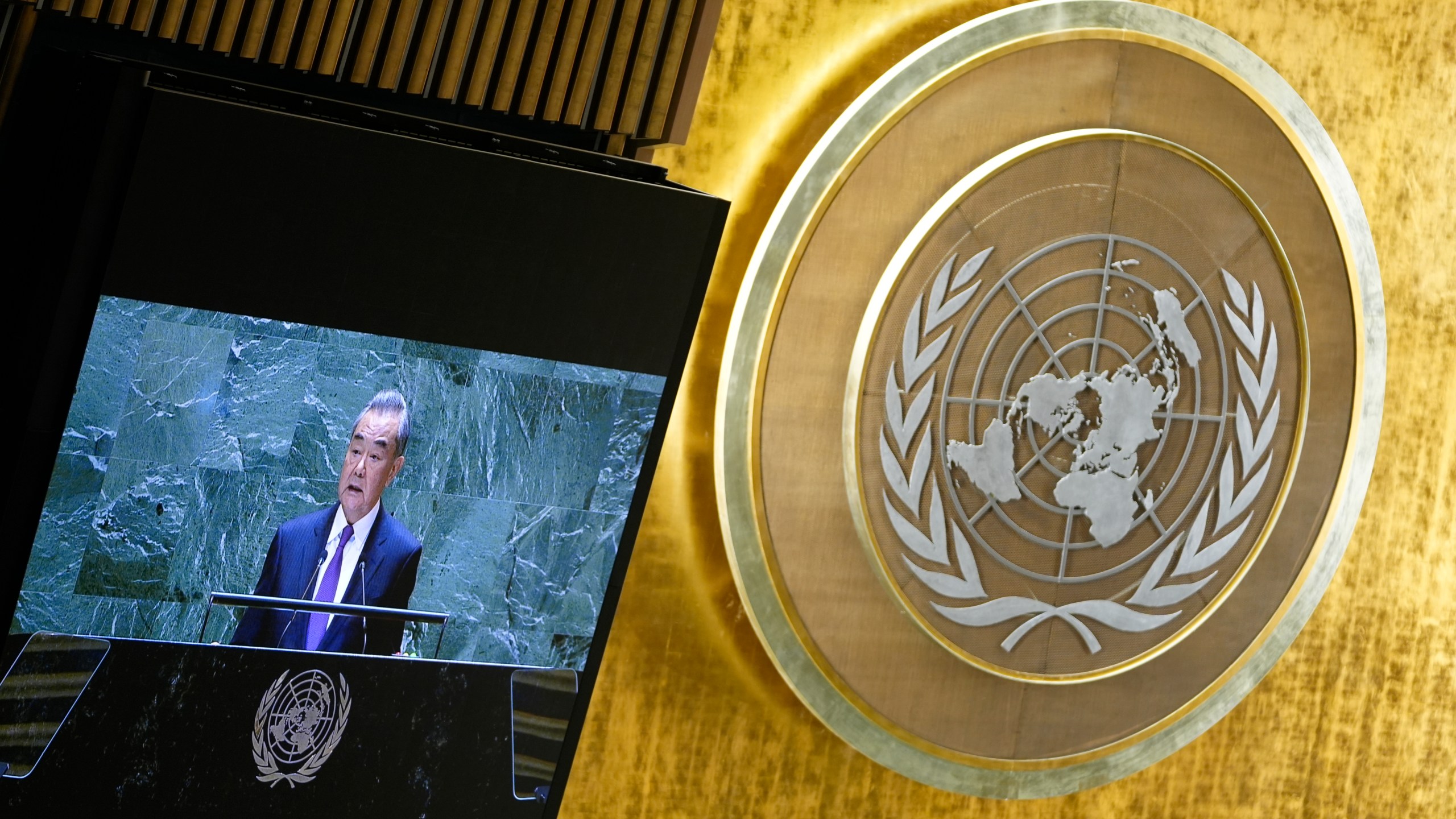 China's Minister for Foreign Affairs Wang Yi addresses the 79th session of the United Nations General Assembly, Saturday, Sept. 28, 2024. (AP Photo/Pamela Smith)