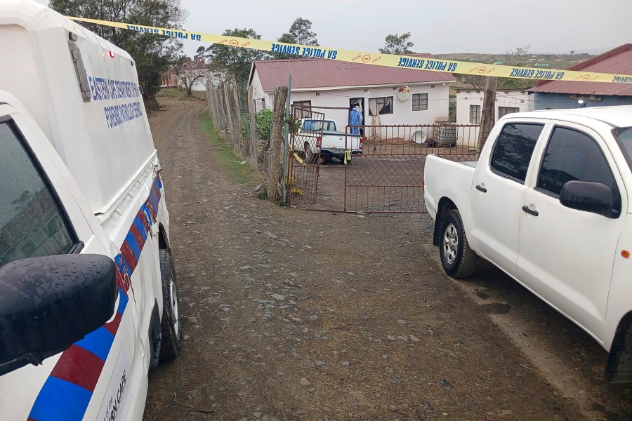 This photo supplied by the South Africa Police Services (SAPS) shows the scene where seventeen people were killed in two mass shootings that took place in close proximity to each other Friday night in Lusikisiki, South Africa, police said Saturday, Sept. 28, 2024. (South African Police Services via AP)