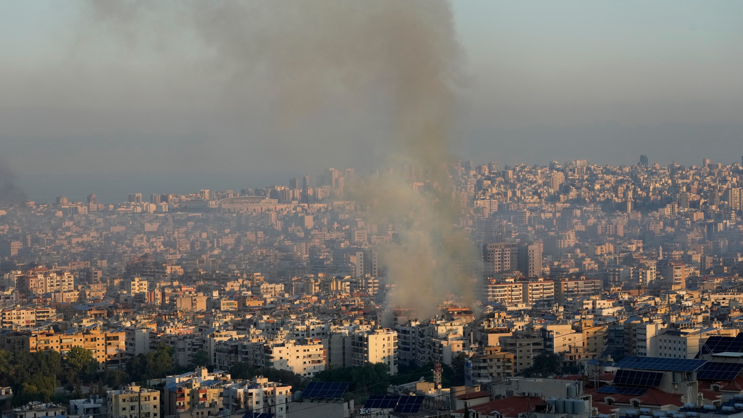 Smoke rises from an Israeli airstrike in the southern suburbs of Beirut, Lebanon, Saturday, Sept. 28, 2024. AP Photo/Hussein Malla)