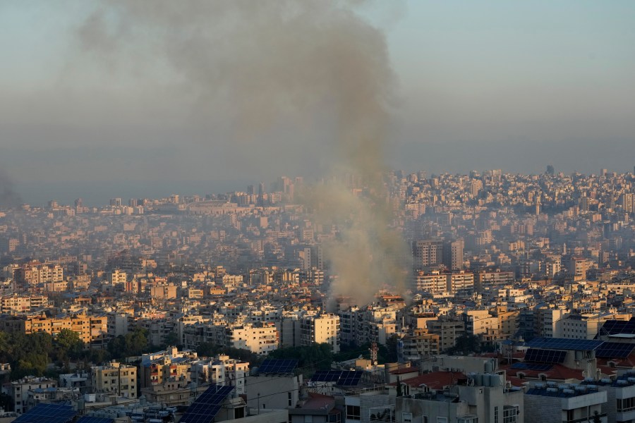 Smoke rises from an Israeli airstrike in the southern suburbs of Beirut, Lebanon, Saturday, Sept. 28, 2024. AP Photo/Hussein Malla)