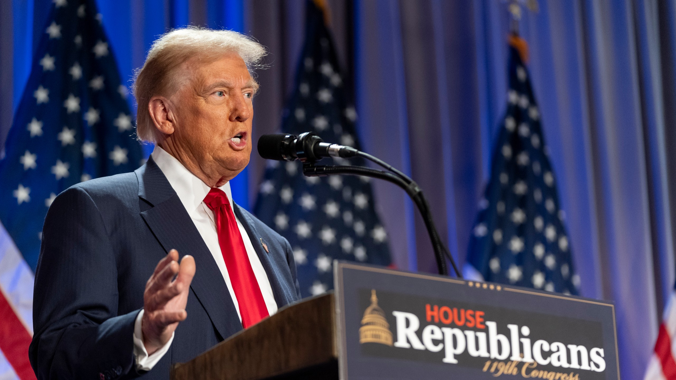 President-elect Donald Trump speaks at meeting of the House GOP conference, Wednesday, Nov. 13, 2024, in Washington. (AP Photo/Alex Brandon)