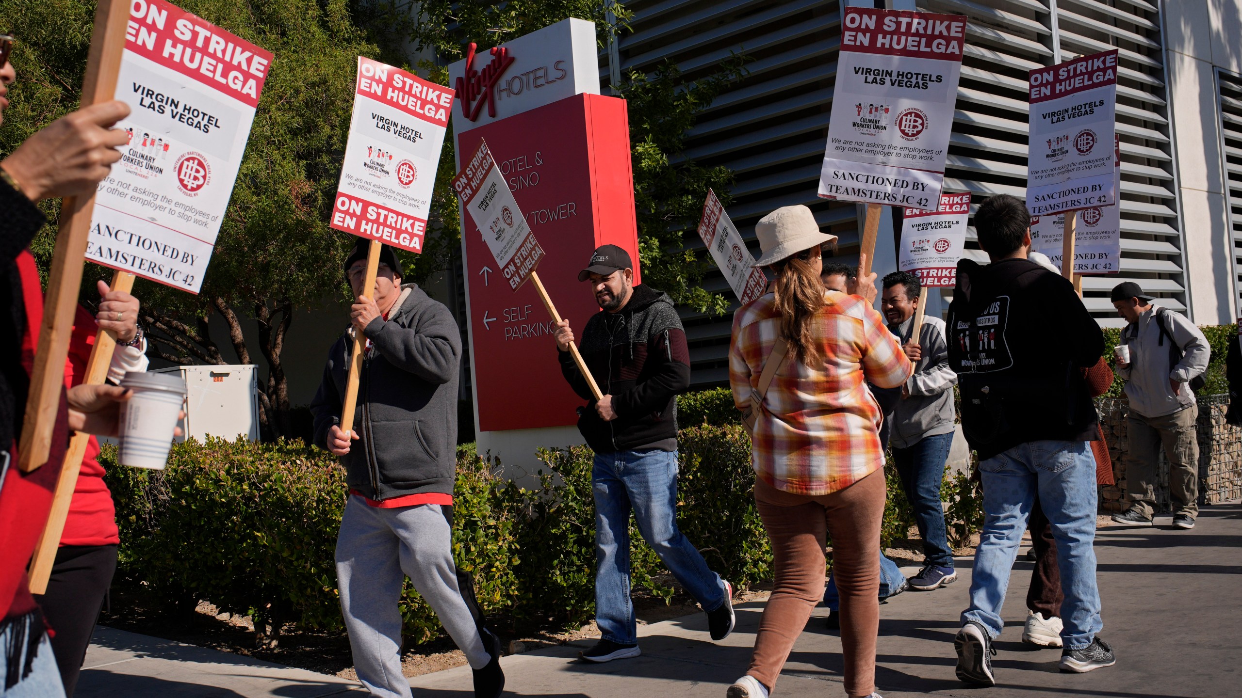 Members of the Culinary Workers Union picket in front of the Virgin Hotels Las Vegas, Friday, Nov. 15, 2024, in Las Vegas. (AP Photo/John Locher)