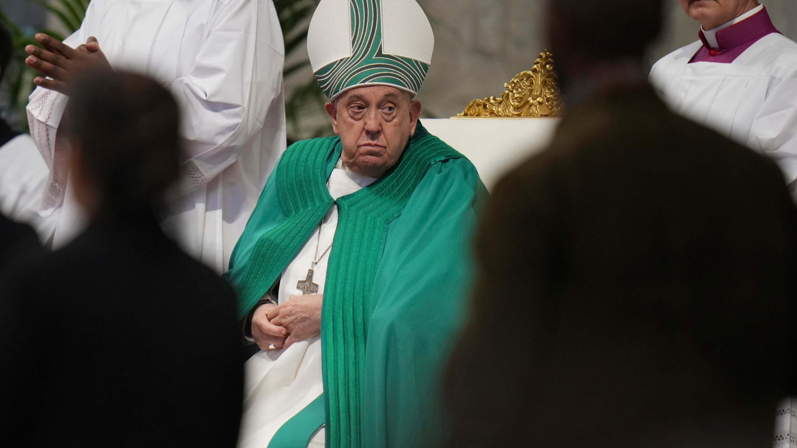 Pope Francis presides over a mass on the occasion of the World Day of the Poor in St. Peter's Basilica, at the Vatican, Sunday, Nov. 17, 2024. (AP Photo/Alessandra Tarantino)