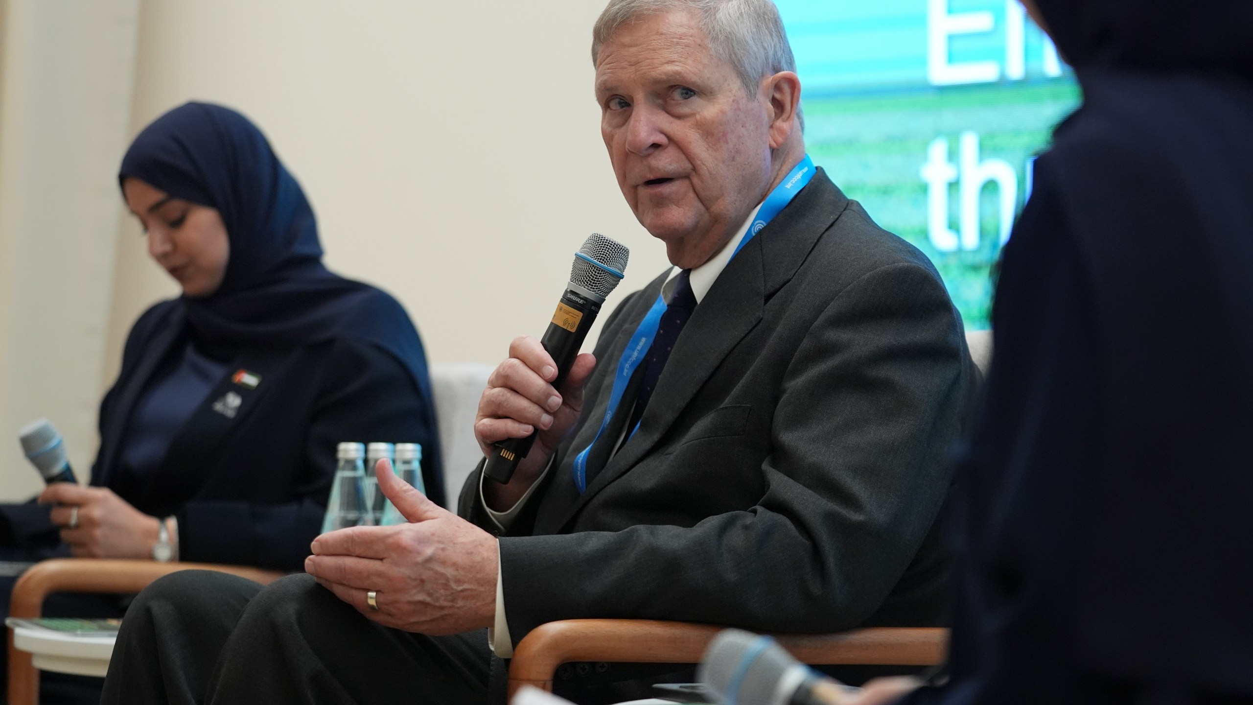 Agriculture Secretary Tom Vilsack, center, speaks during a session at the COP29 U.N. Climate Summit, Monday, Nov. 18, 2024, in Baku, Azerbaijan. (AP Photo/Joshua A. Bickel)