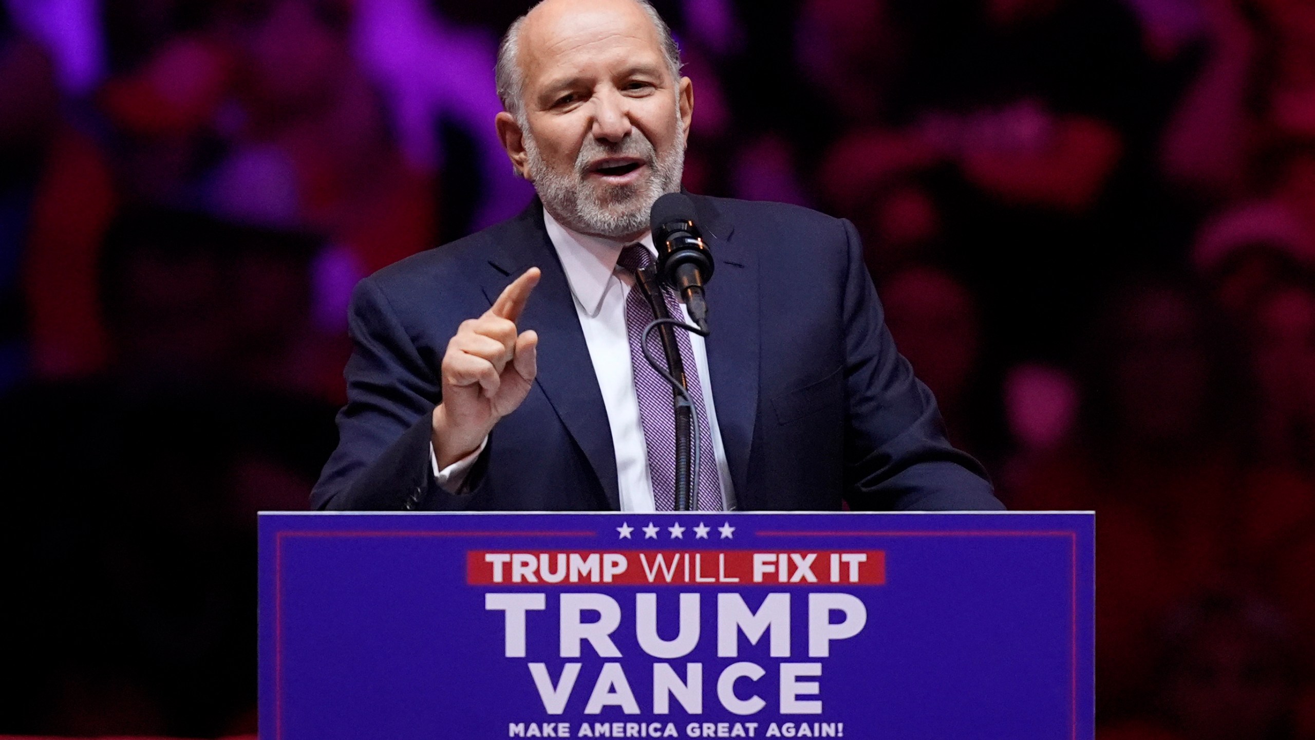 Howard Lutnick speaks before Republican presidential nominee former President Donald Trump at a campaign rally at Madison Square Garden, Sunday, Oct. 27, 2024, in New York. (AP Photo/Evan Vucci)