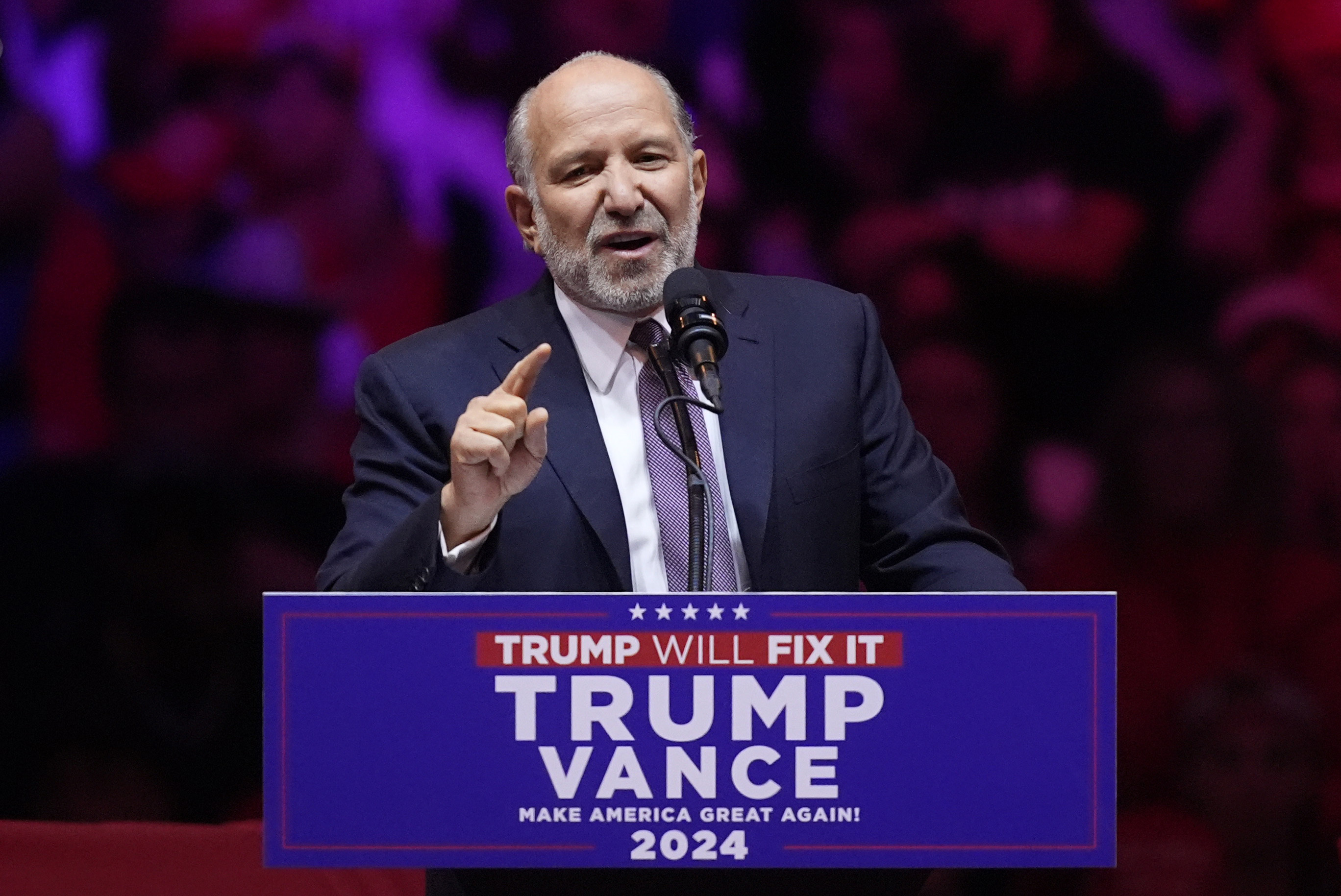 Howard Lutnick speaks before Republican presidential nominee former President Donald Trump at a campaign rally at Madison Square Garden, Sunday, Oct. 27, 2024, in New York. (AP Photo/Evan Vucci)