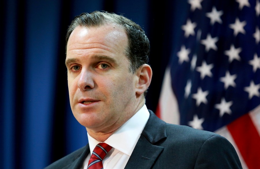 FILE - Brett McGurk, the U.S. envoy for the global coalition against IS, speaks during a news conference at the U.S. Embassy Baghdad, Iraq, June 7, 2017. (AP Photo/Hadi Mizban, File)