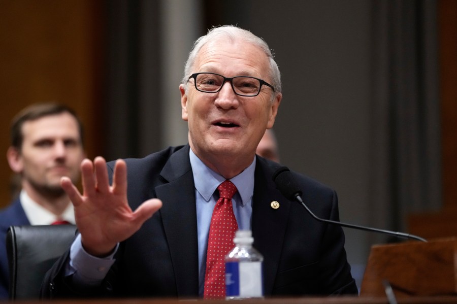 Sen. Kevin Cramer, R-N.D., introduces South Dakota Gov. Kristi Noem, President-elect Donald Trump's nominee to be Secretary of Homeland Security, appearing before the Senate Homeland Security and Governmental Affairs Committee for her confirmation hearing, at the Capitol in Washington, Friday, Jan. 17, 2025. (AP Photo/Ben Curtis)