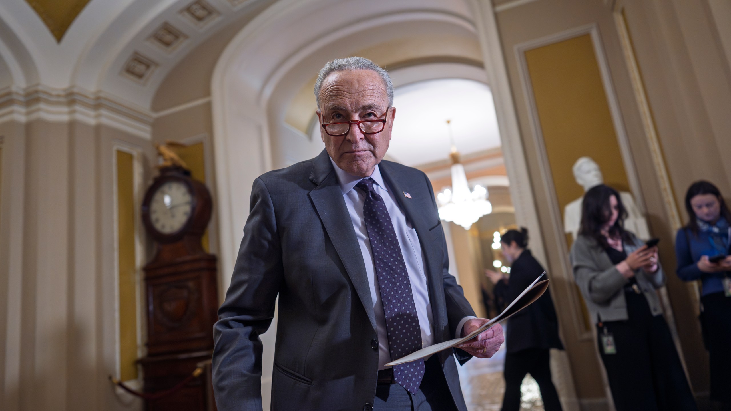 Senate Minority Leader Chuck Schumer, D-N.Y., pauses during a weekly news conference, at the Capitol, in Washington, Tuesday, Jan. 14, 2025. (AP Photo/J. Scott Applewhite)