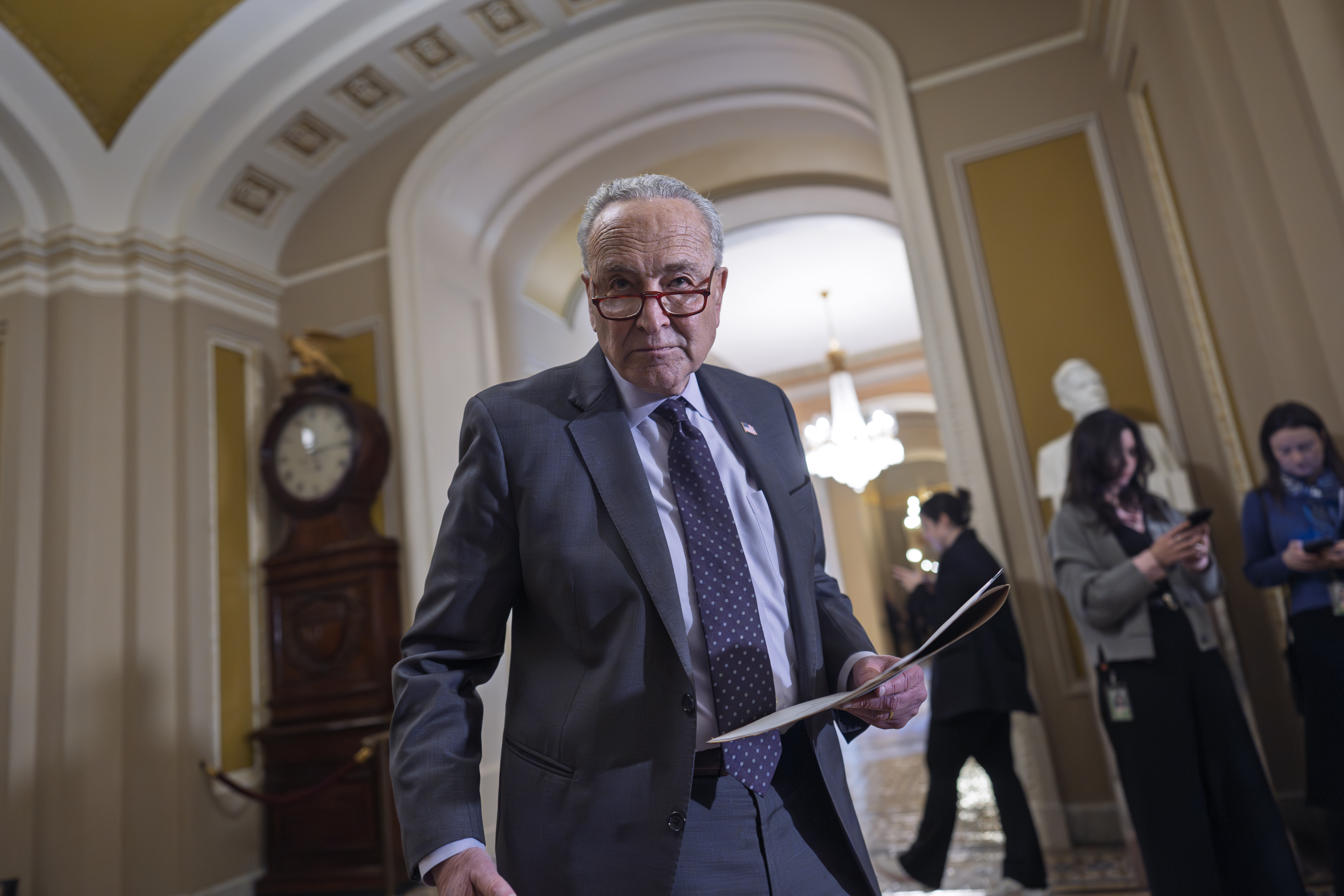 Senate Minority Leader Chuck Schumer, D-N.Y., pauses during a weekly news conference, at the Capitol, in Washington, Tuesday, Jan. 14, 2025. (AP Photo/J. Scott Applewhite)