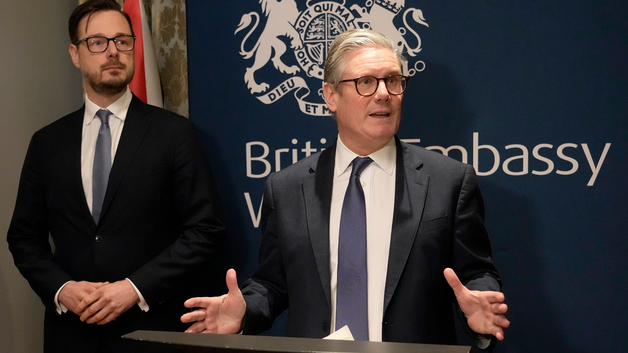 Britain's Prime Minister Keir Starmer speaks besides Jakub Jaworowski, left, Polish Minister of State Assets, as he attends a business reception at the British Embassy in Warsaw, Friday, Jan. 17, 2025. (AP Photo/Czarek Sokolowski, Pool)