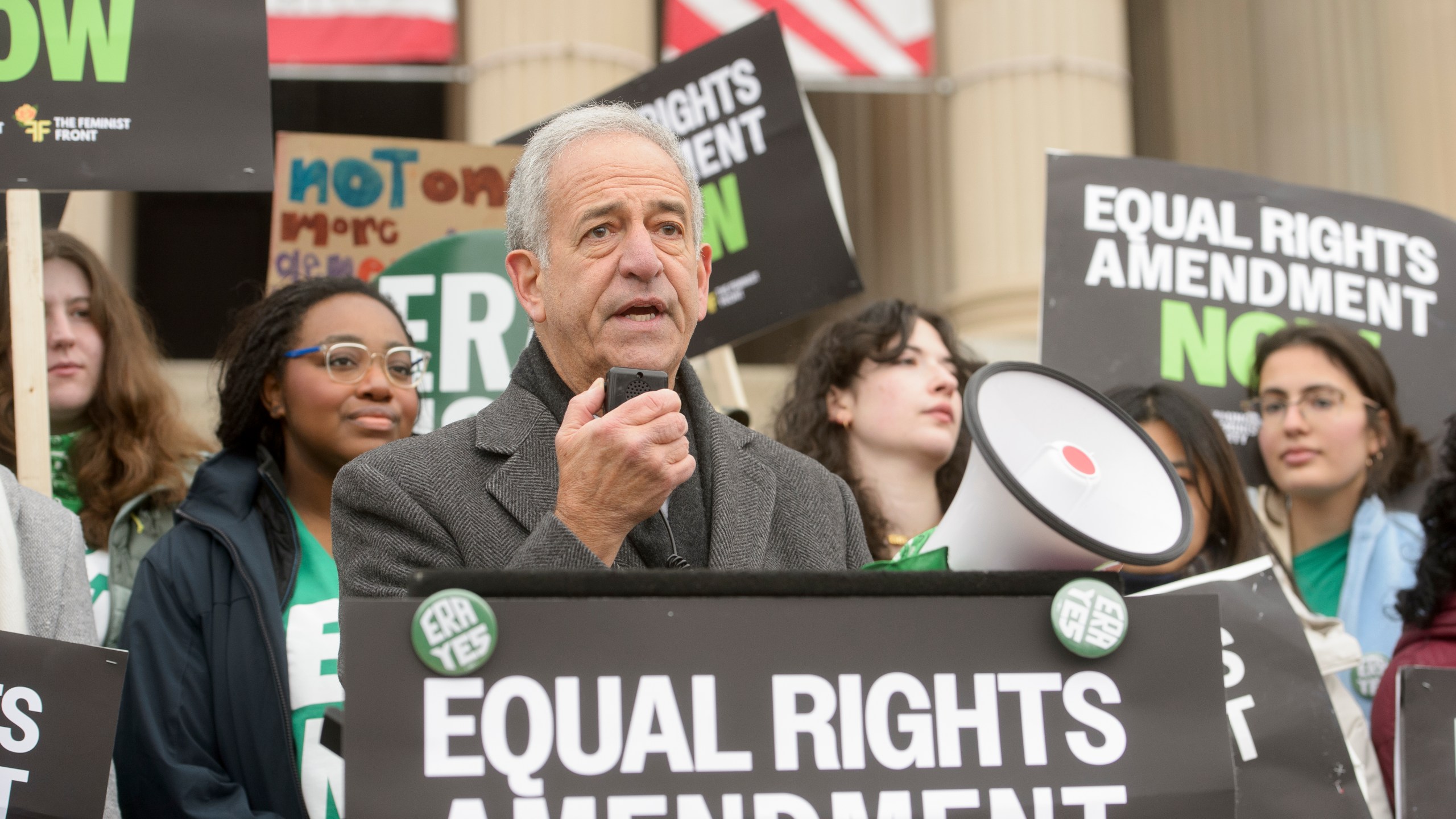 American Constitution Society President and former Senator Russell Feingold speaks during a rally in front of the National Archives to highlight President Joe Biden's decision to declare the Equal Rights Amendment (ERA) as the 28th Amendment to the United States Constitution, Friday, Jan. 17, 2025, in Washington. (AP Photo/Rod Lamkey, Jr.)