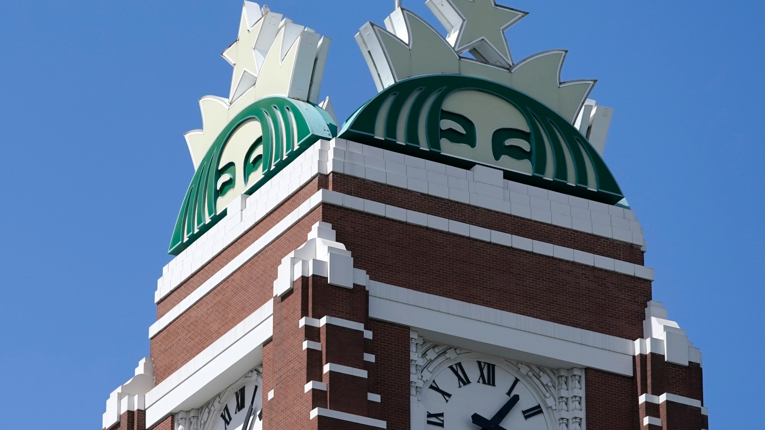 FILE - The Starbucks mermaid logo is displayed at the company's corporate headquarters in Seattle on Monday, April 26, 2021. (AP Photo/Ted S. Warren, File)