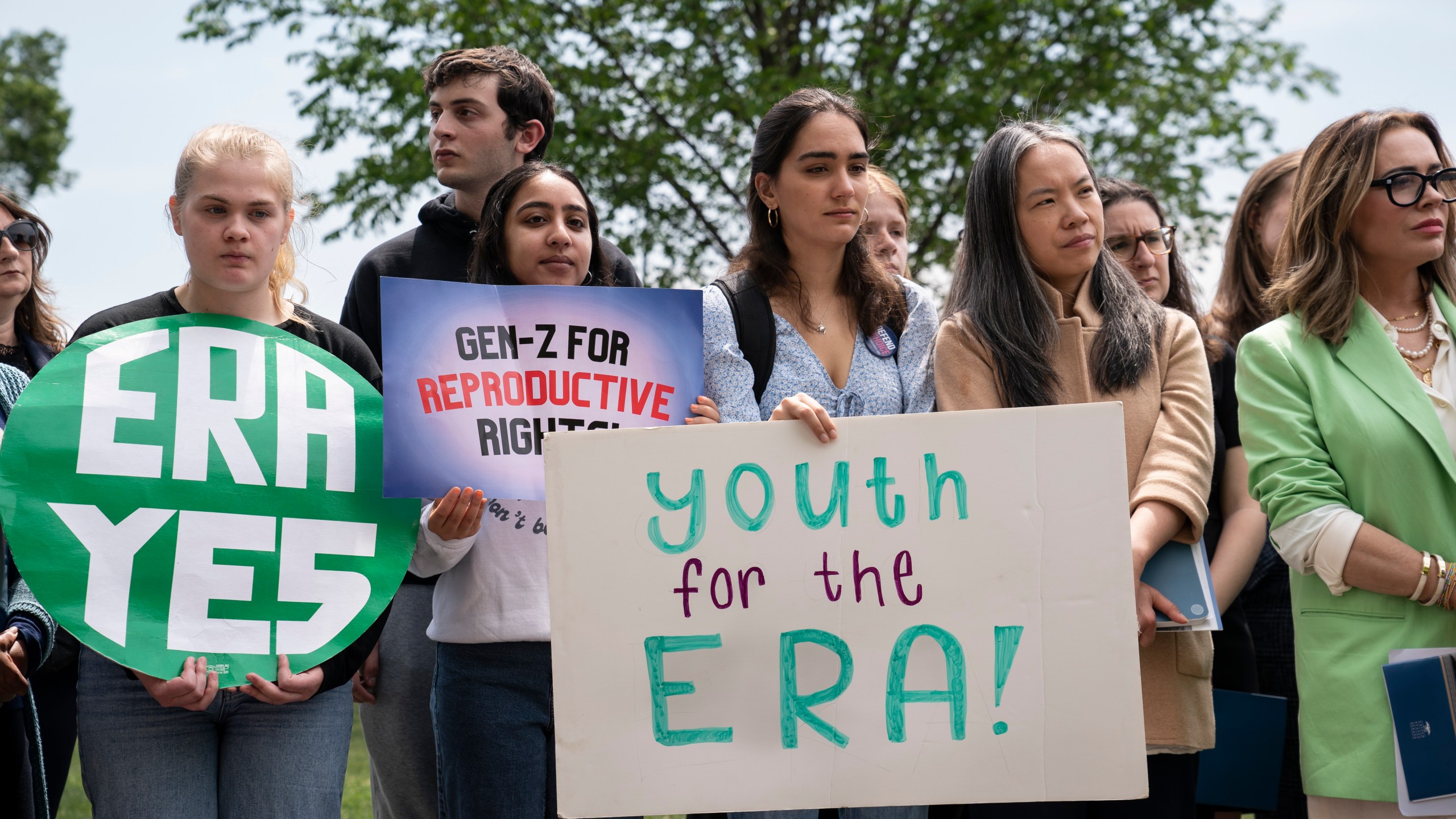 FILE - Young supporters of the Equal Rights Amendment join lawmakers and activists to call for the removal of the deadline for ratification of the Equal Rights Amendment, during a news conference at the Capitol in Washington, Thursday, April 27, 2023. (AP Photo/J. Scott Applewhite, File)