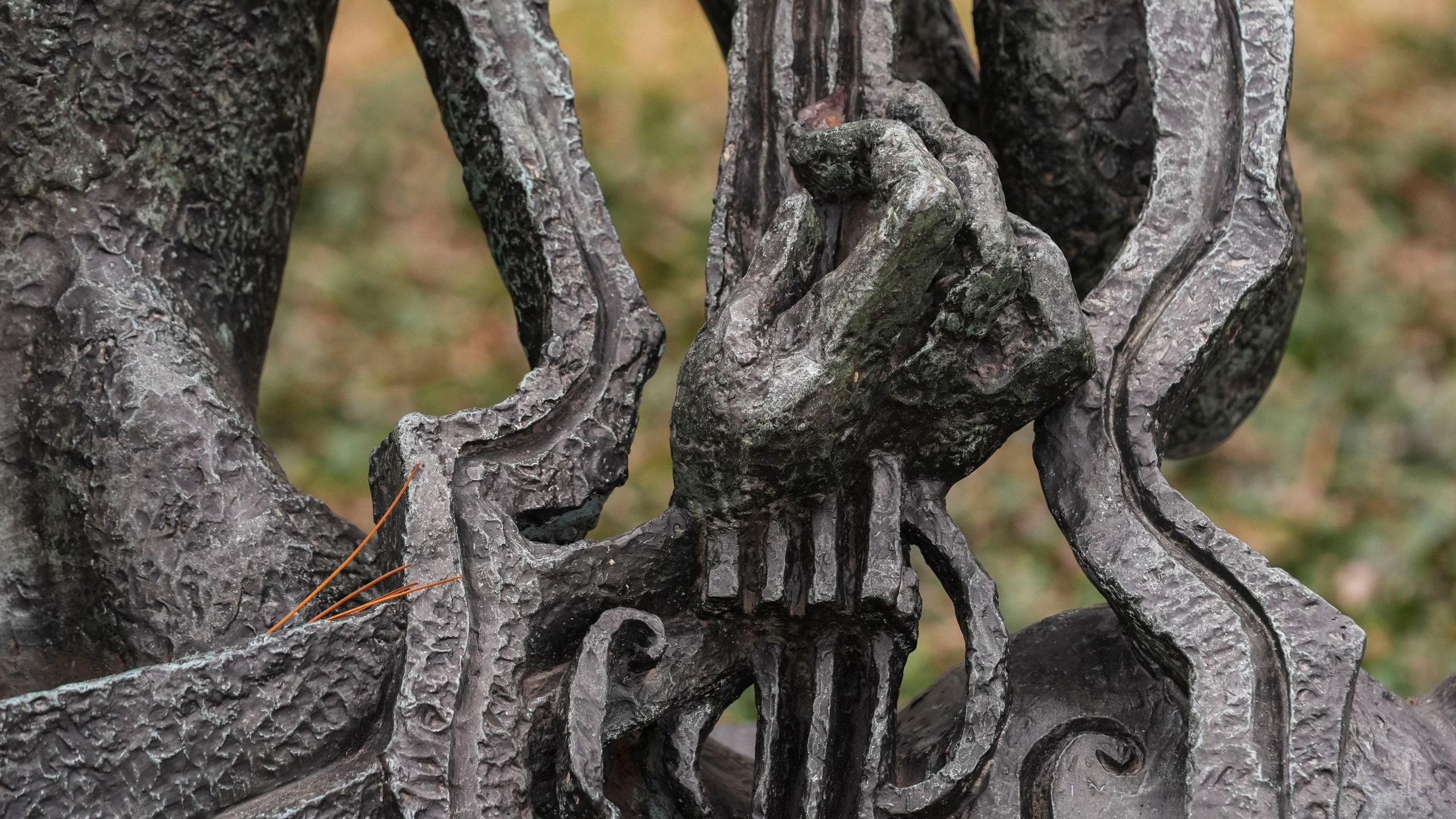 A detail of La Poetesse, bronze, 1953, by Ossip Zadkine is seen in the Sydney and Walda Besthoff Sculpture Garden in City Park in New Orleans, Wednesday, Jan. 29, 2025. (AP Photo/Gerald Herbert)