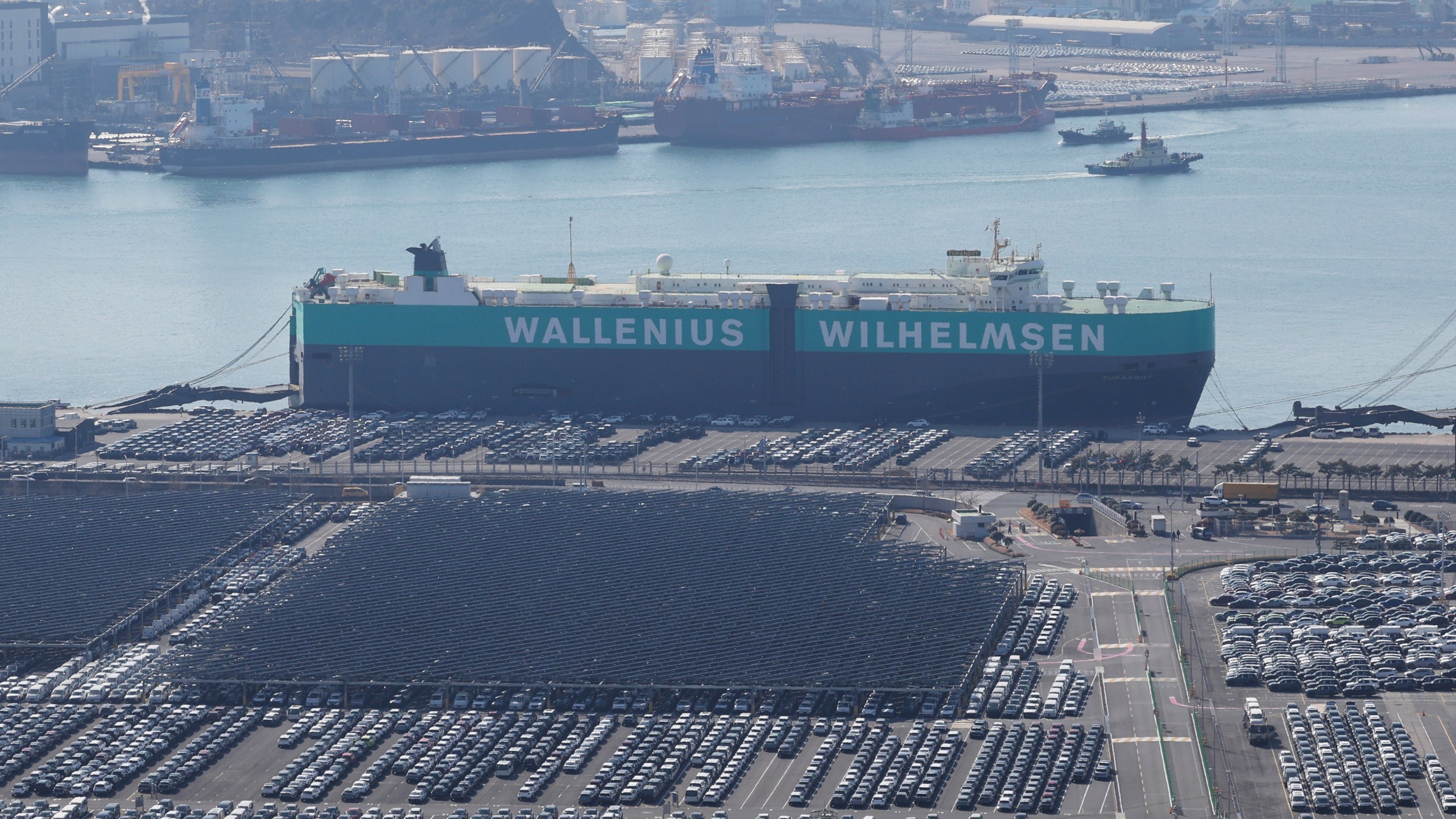 Vehicles are parked to be exported at a port next to Hyundai Motor's manufacturing facility in Ulsan, South Korea, Tuesday, Feb. 11, 2025. (Kim Yong-tea/Yonhap via AP)