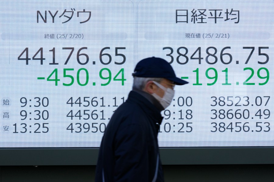 A person walks in front of an electronic stock board showing New York Dow, left, and Japan's Nikkei indexes at a securities firm in Tokyo Friday, Feb. 21, 2025. (AP Photo/Eugene Hoshiko)