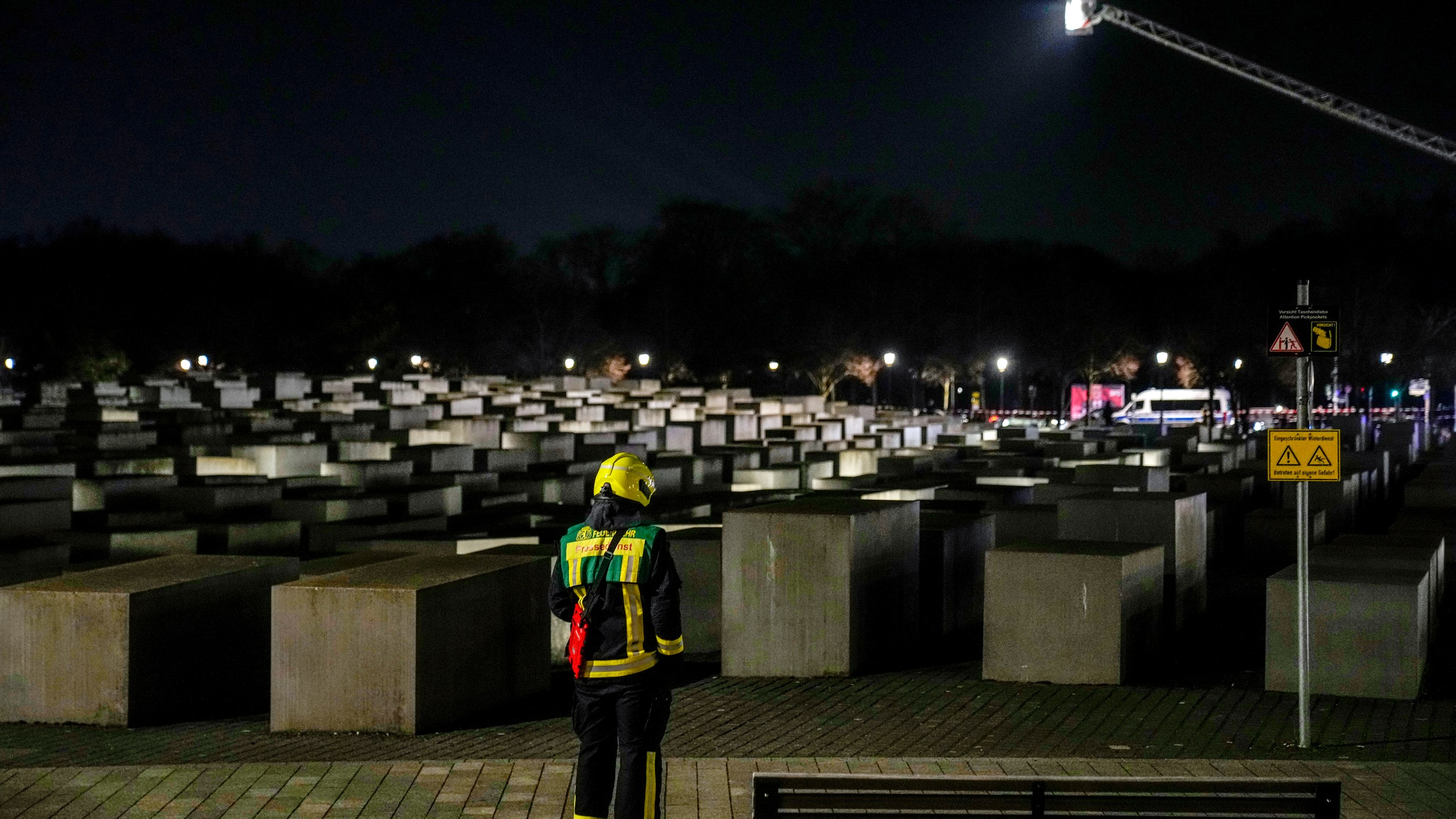 The Holocaust memorial after a man was attacked at the memorial site in Berlin, Germany, Friday, Feb. 21, 2025. (AP Photo/Ebrahim Noroozi)