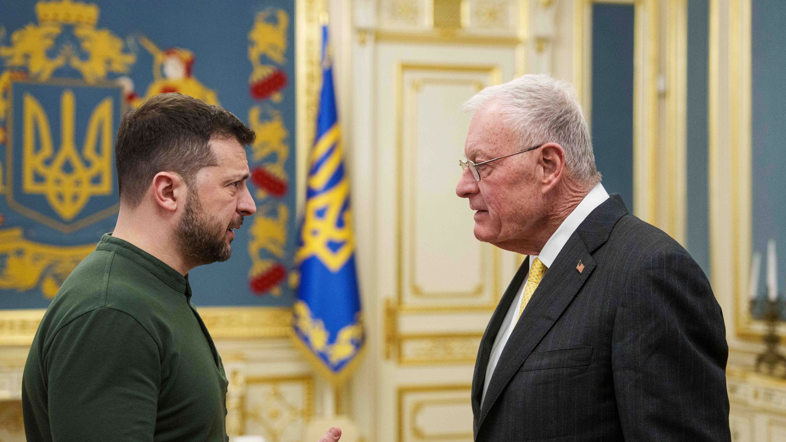 U.S. Special Envoy for Ukraine and Russia Keith Kellogg, right, and Ukraine's President Volodymyr Zelenskyy talk during their meeting in Kyiv, Ukraine, Feb. 20, 2025. (AP Photo/Evgeniy Maloletka)