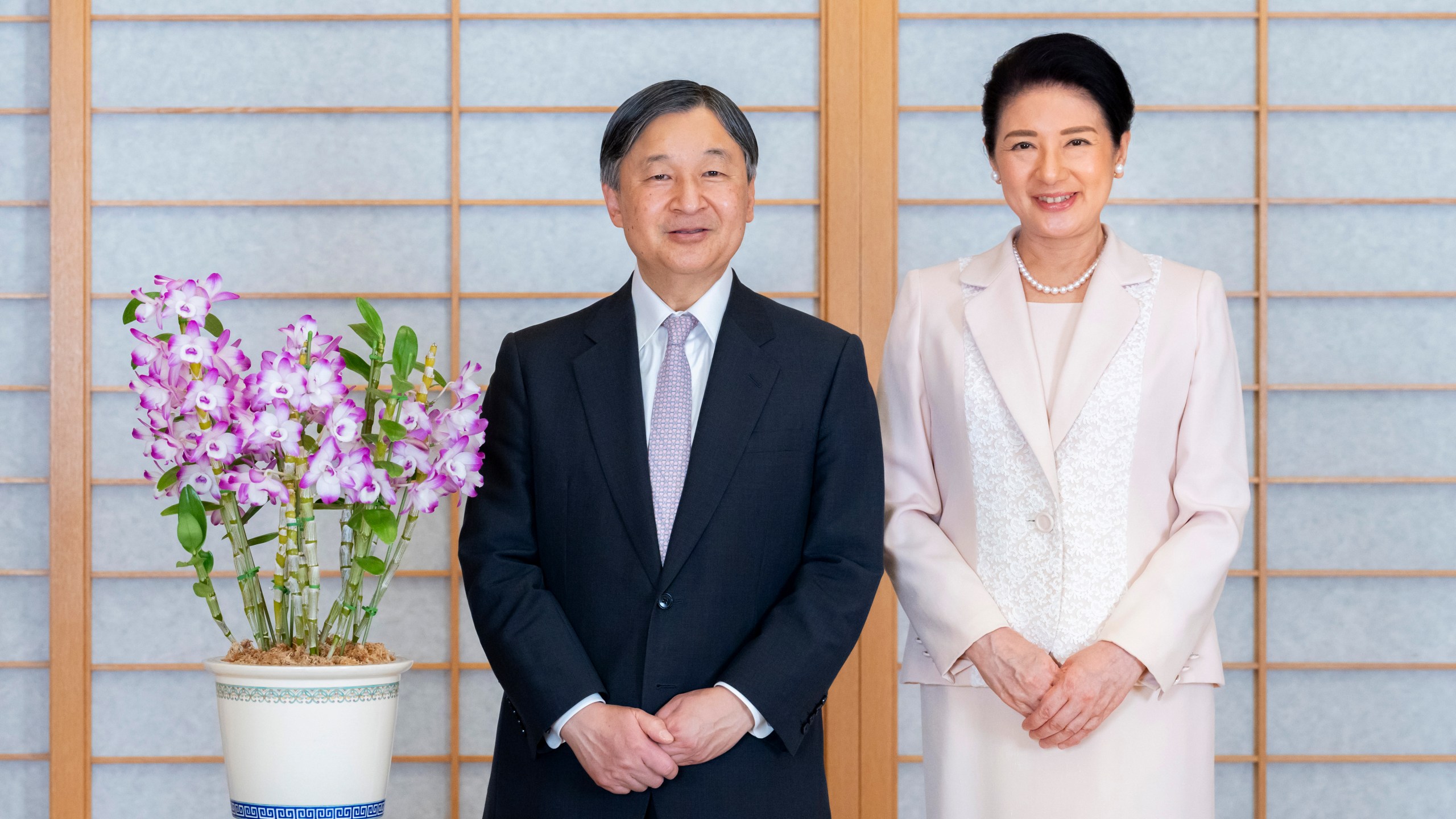 In this photo provided by the Imperial Household Agency of Japan, Emperor Naruhito and Empress Masako pose for a photo at the Imperial Palace in Tokyo, on Feb. 13, 2025, ahead of his 65th birthday on Sunday, Feb. 23. (Imperial Household Agency via AP)