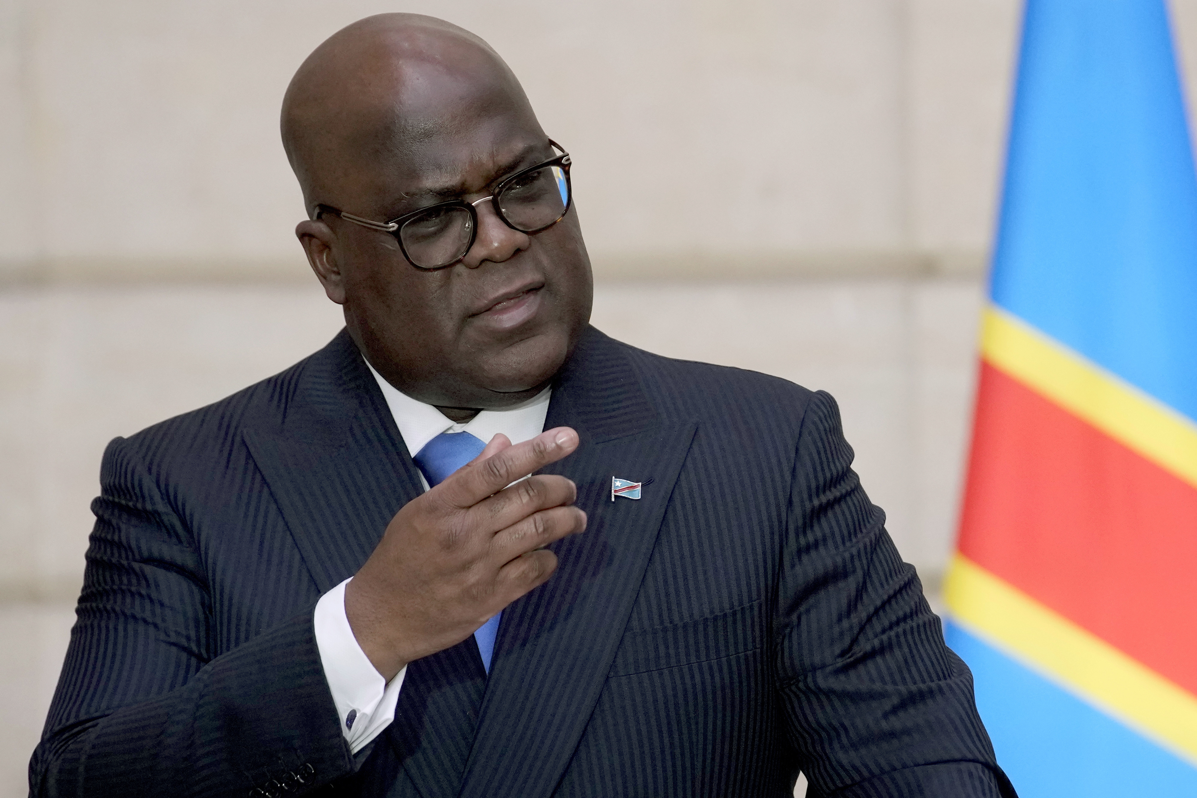 FILE - Congo's President Felix Tshisekedi speaks during a press conference at the Elysee Palace in Paris, April 30, 2024. (AP Photo/Christophe Ena, File)