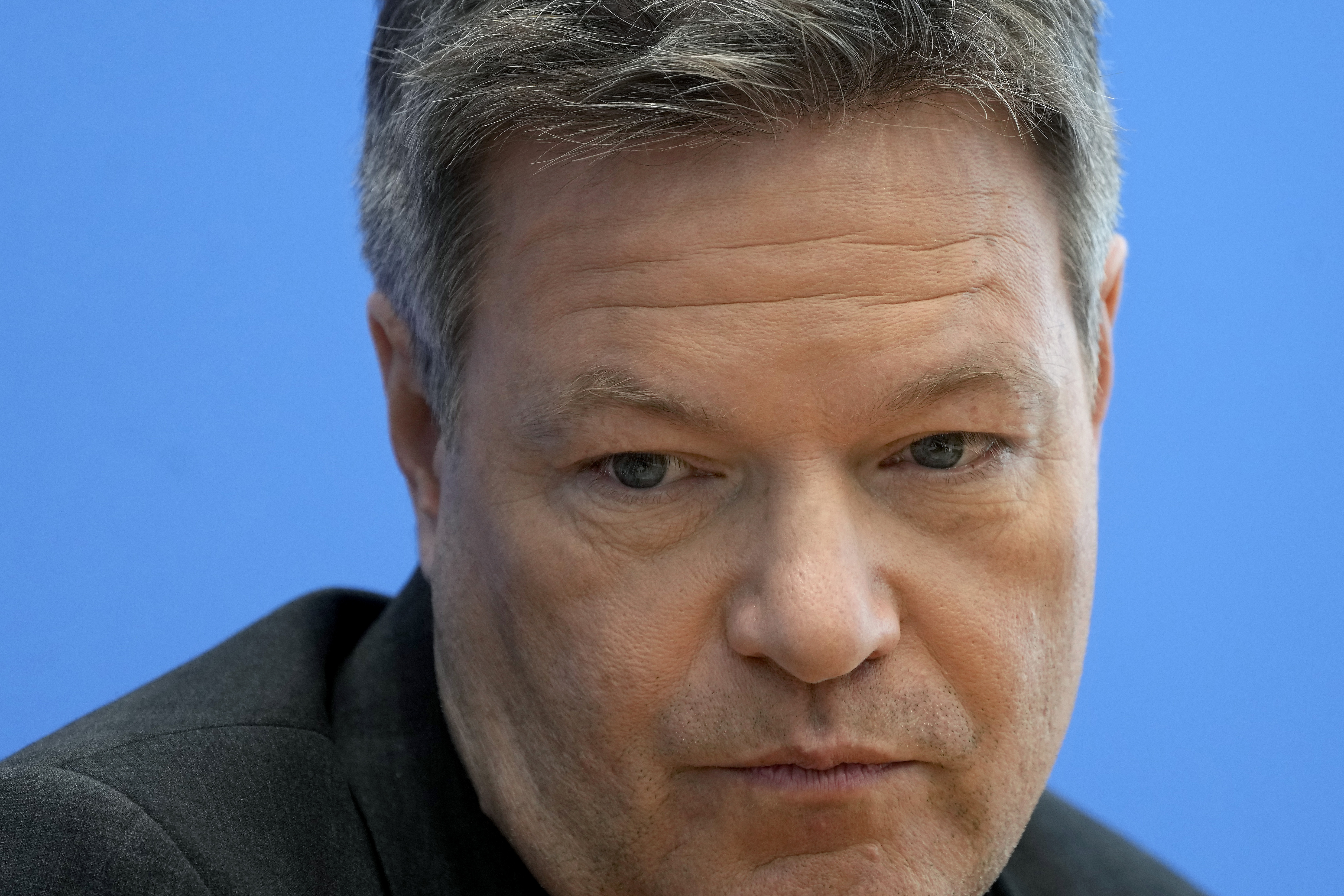 Robert Habeck, Vice Chancellor and member of the Greens, during a press conference in Berlin, Germany, Monday, Feb. 24, 2025, the day after the national election. (AP Photo/Michael Probst)