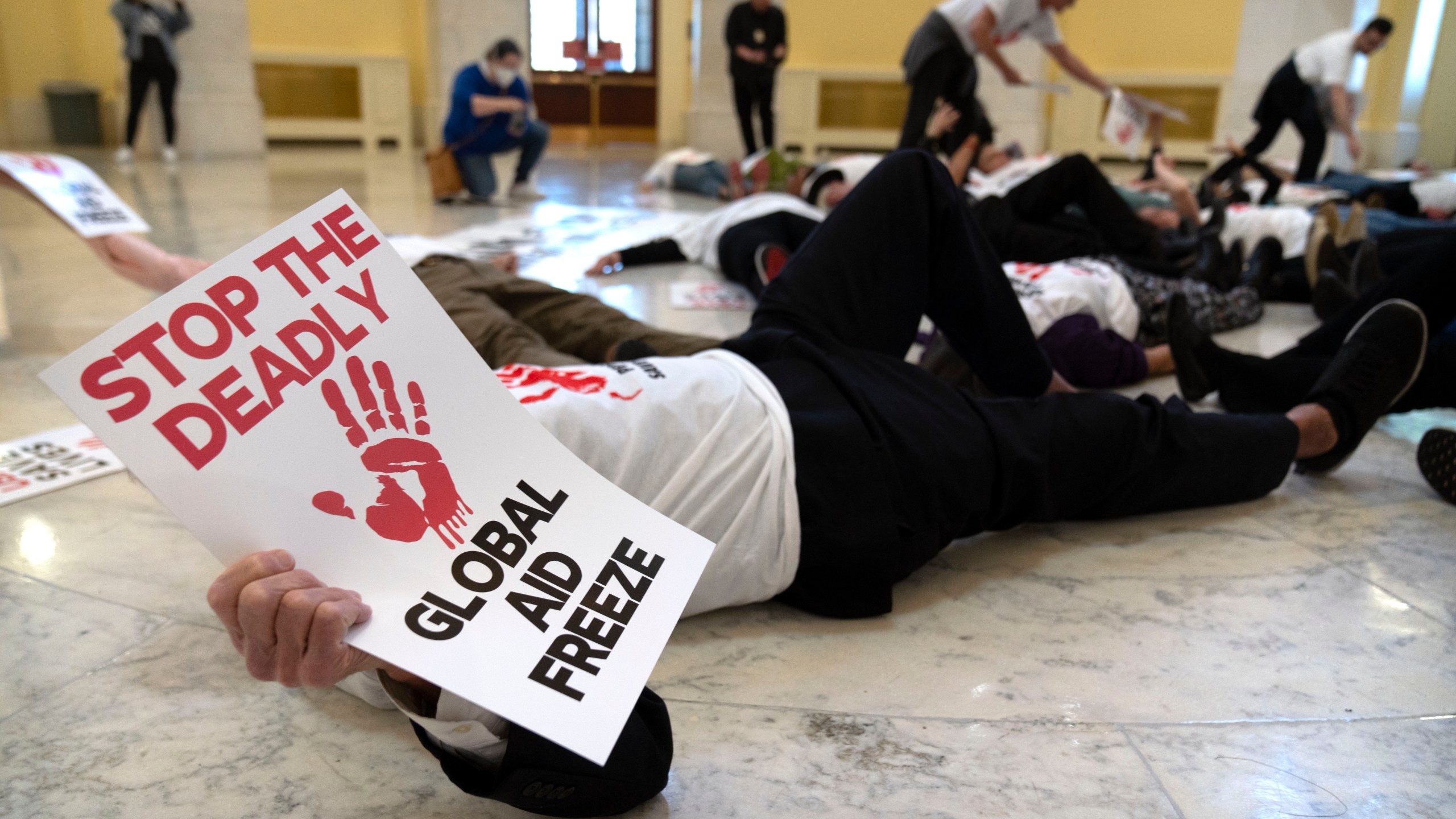 Demonstrators protest against cuts to American foreign aid spending, including USAID and the PEPFAR program to combat HIV/AIDS, at the Cannon House Office Building on Capitol Hill, Wednesday, Feb. 26, 2025, in Washington. (AP Photo/Mark Schiefelbein)