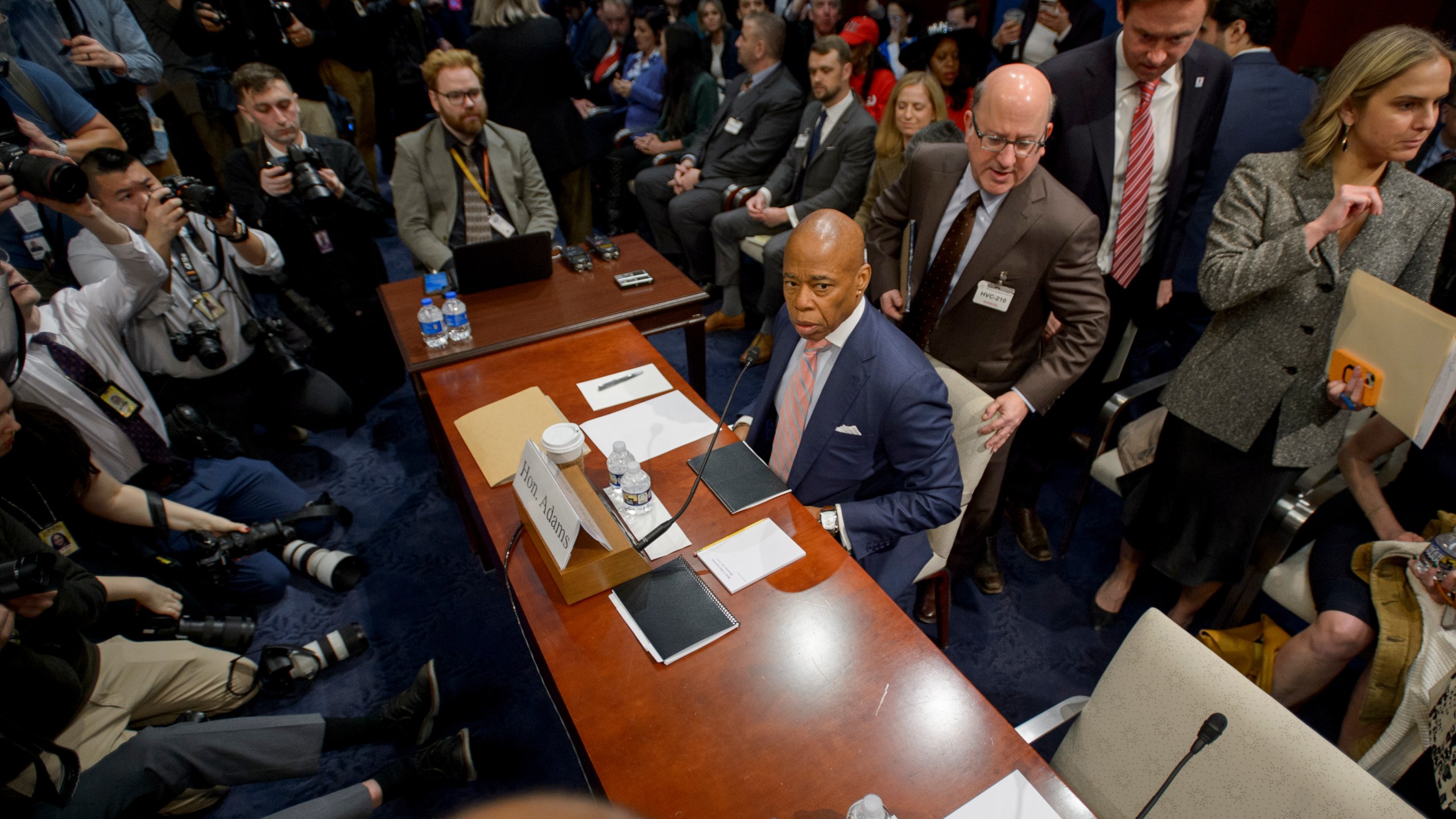 New York City Mayor Eric Adams takes his seat at the witness table during a House Committee on Oversight and Government Reform hearing with Sanctuary City Mayors on Capitol Hill, Wednesday, March 5, 2025, in Washington. (AP Photo/Rod Lamkey, Jr.)