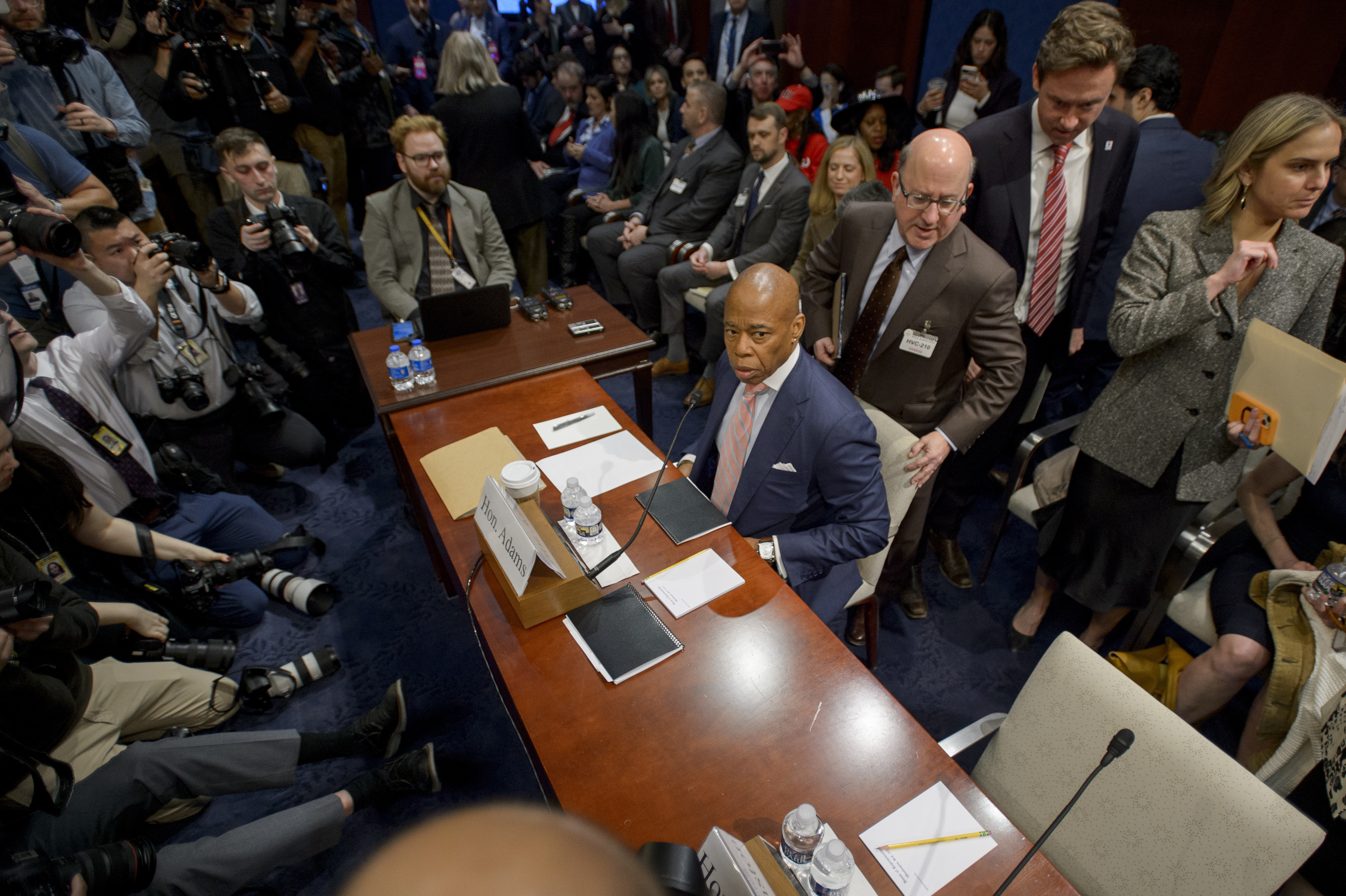 New York City Mayor Eric Adams takes his seat at the witness table during a House Committee on Oversight and Government Reform hearing with Sanctuary City Mayors on Capitol Hill, Wednesday, March 5, 2025, in Washington. (AP Photo/Rod Lamkey, Jr.)