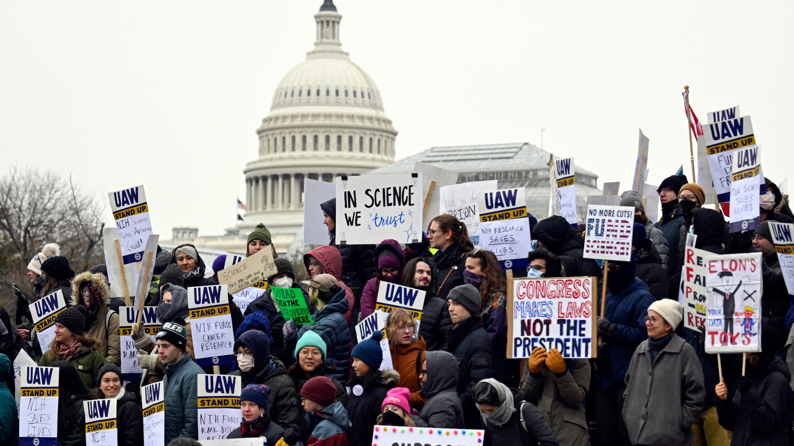 FILE - Medical researchers from universities and the National Institutes of Health rally near the Health and Human Services headquarters to protest federal budget cuts Wednesday, Feb. 19, 2025, in Washington. (AP Photo/John McDonnell, File)