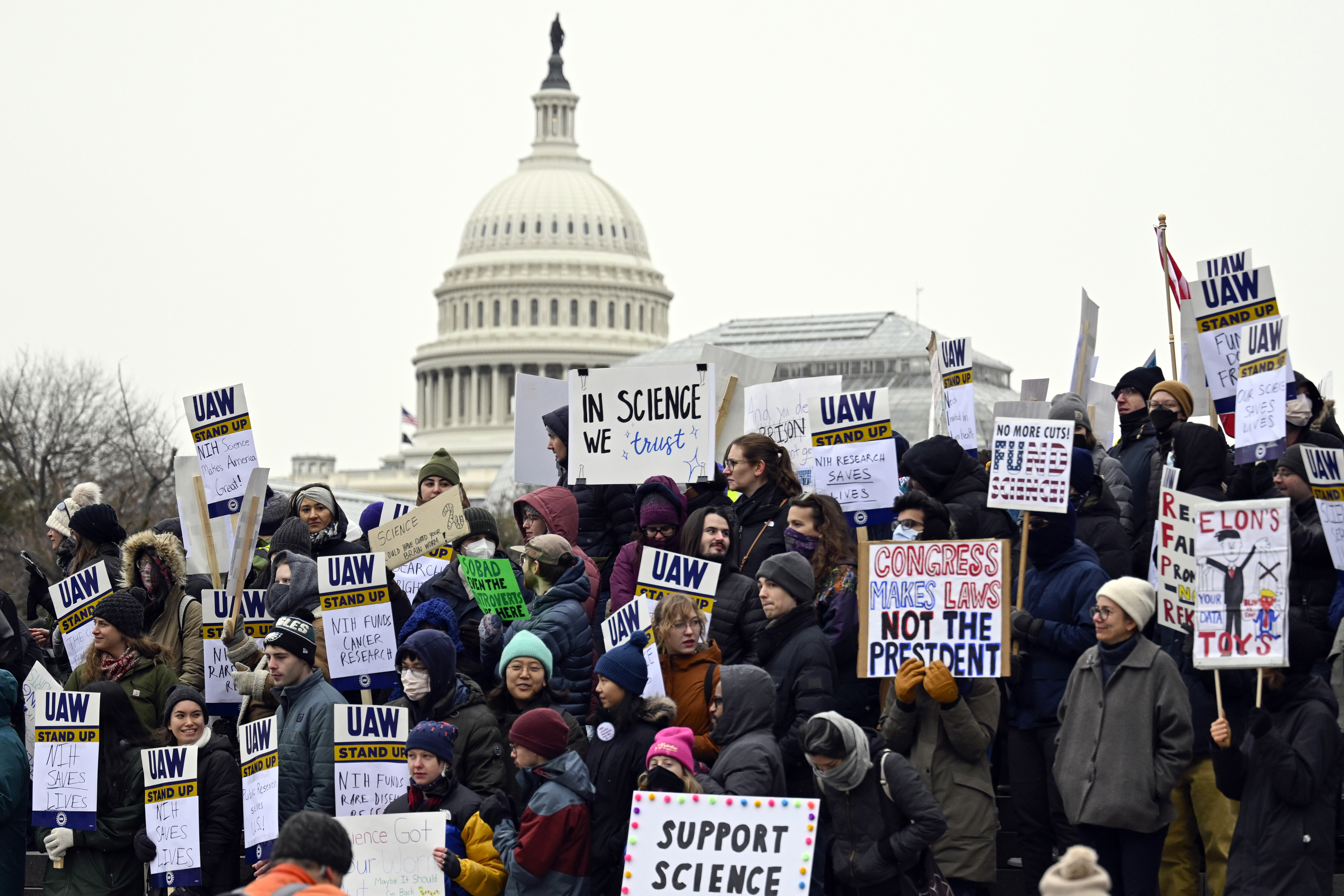 FILE - Medical researchers from universities and the National Institutes of Health rally near the Health and Human Services headquarters to protest federal budget cuts Wednesday, Feb. 19, 2025, in Washington. (AP Photo/John McDonnell, File)