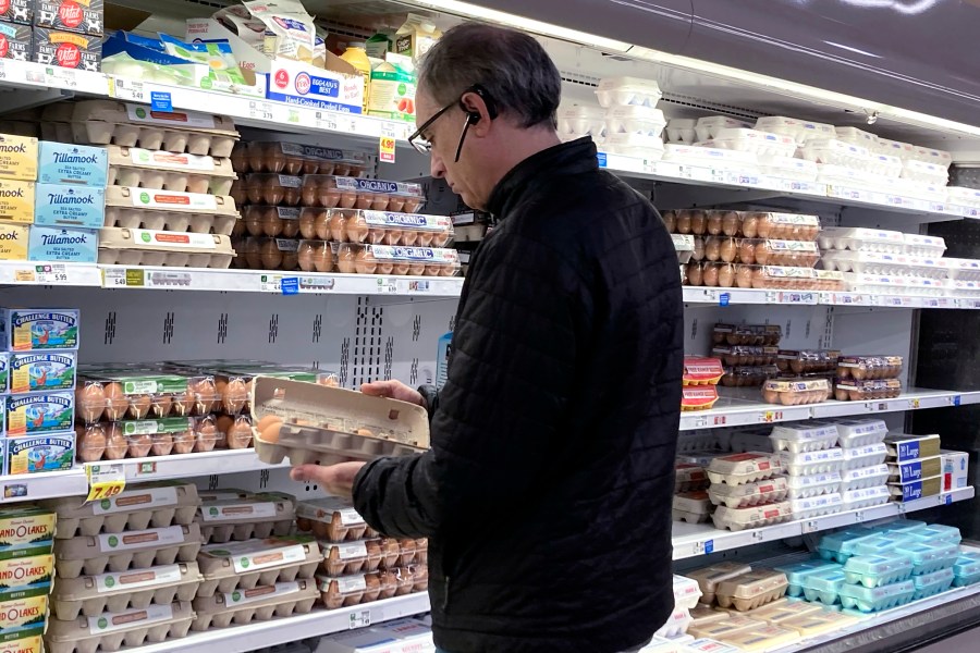 FILE - A shopper checks eggs before he purchases at a grocery store in Glenview, Ill., Tuesday, Jan. 10, 2023. (AP Photo/Nam Y. Huh, File)