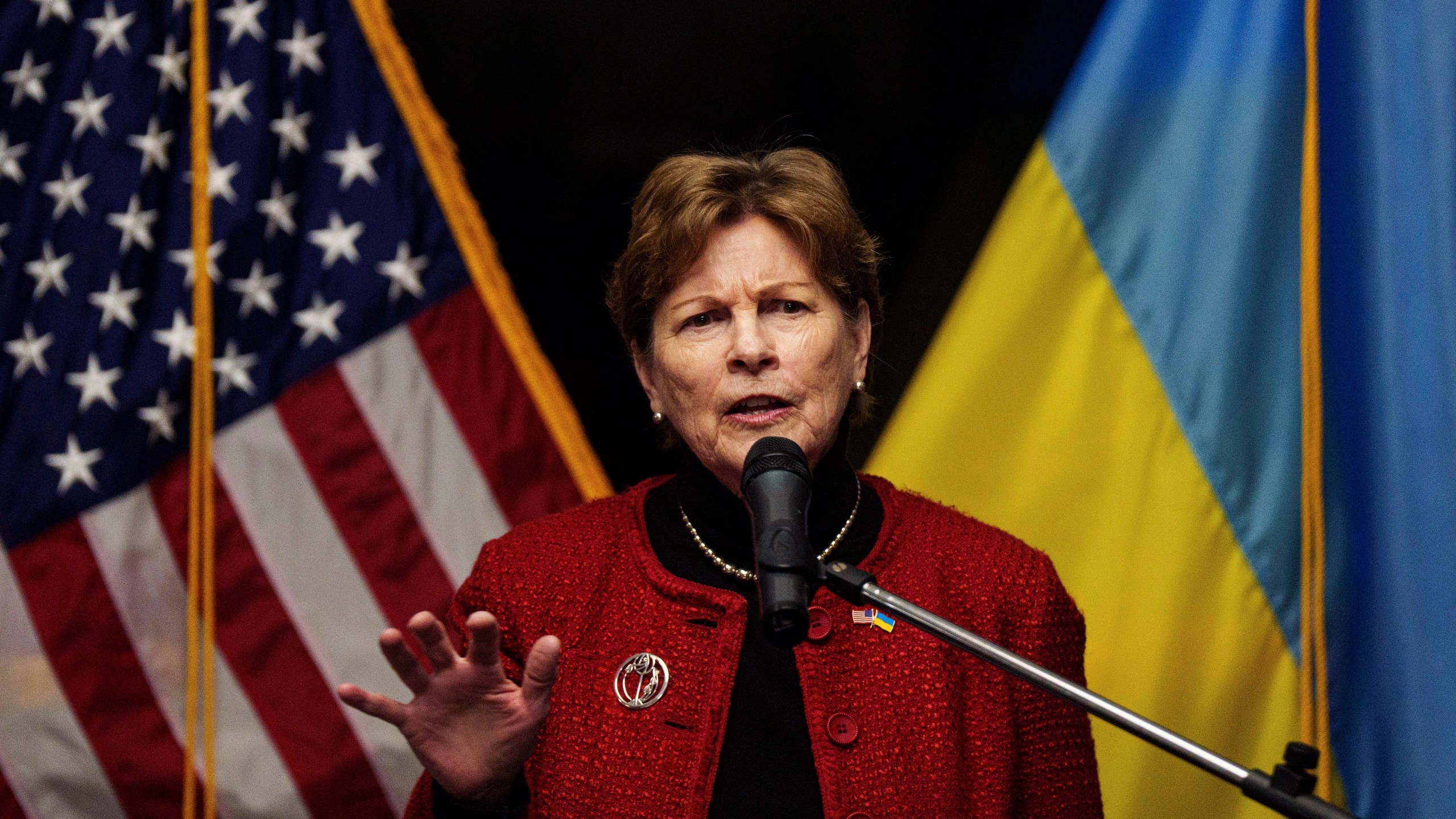 U.S. Senator Jeanne Shaheen speaks during press conference in Kyiv, Ukraine, Monday, Feb. 17, 2025. (AP Photo/Evgeniy Maloletka)