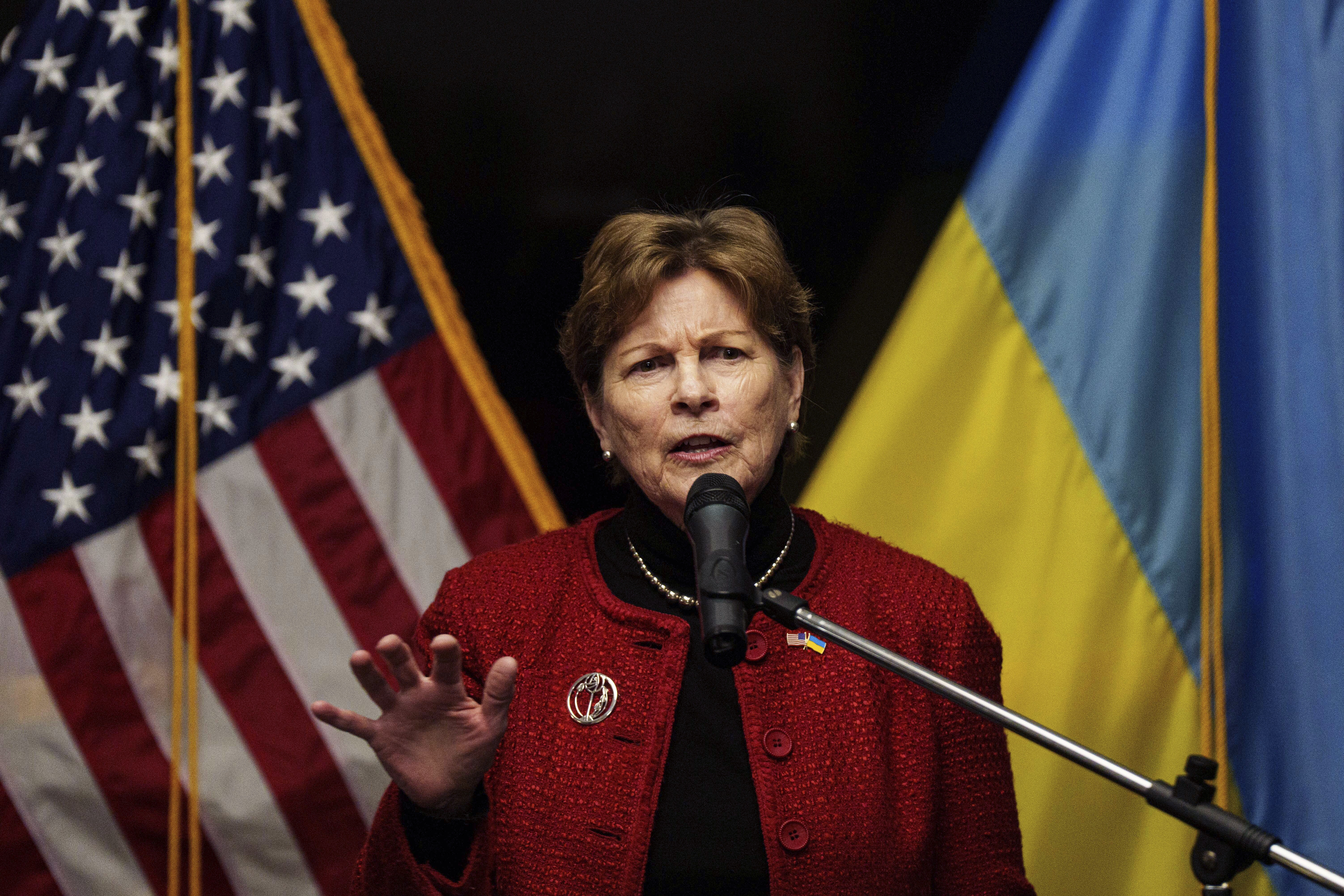 U.S. Senator Jeanne Shaheen speaks during press conference in Kyiv, Ukraine, Monday, Feb. 17, 2025. (AP Photo/Evgeniy Maloletka)