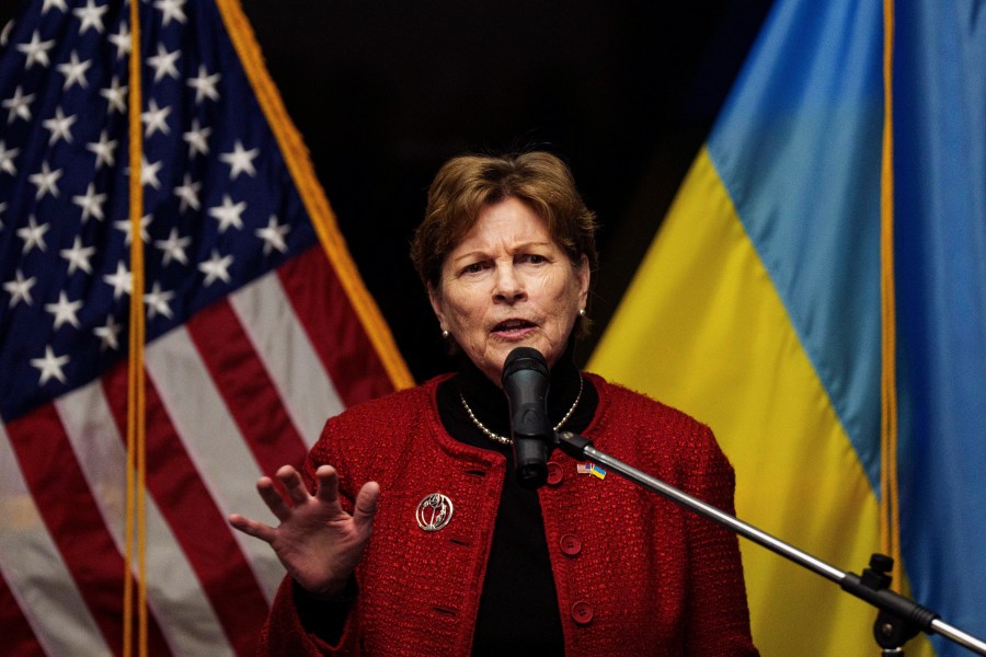 U.S. Senator Jeanne Shaheen speaks during press conference in Kyiv, Ukraine, Monday, Feb. 17, 2025. (AP Photo/Evgeniy Maloletka)